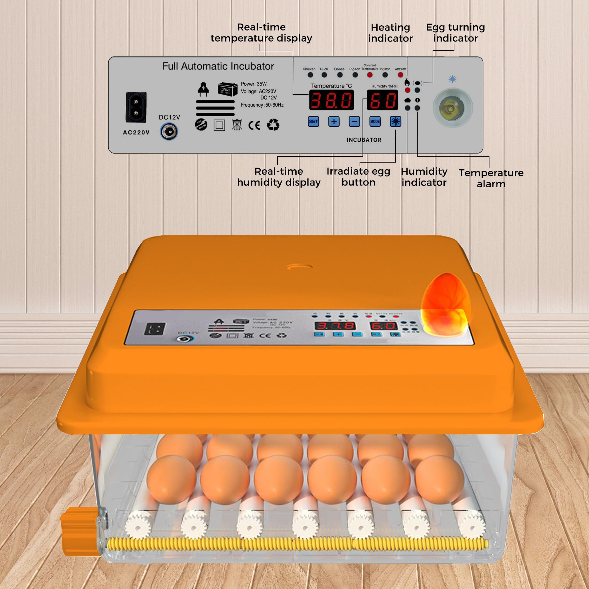 Incubadora de Huevos Automática 24-36 Huevos, Couveuse con Control de Temperatura, Rodillos Ajustables, Llenado de Agua Automático y Ovoscopio Integrado, Naranja
