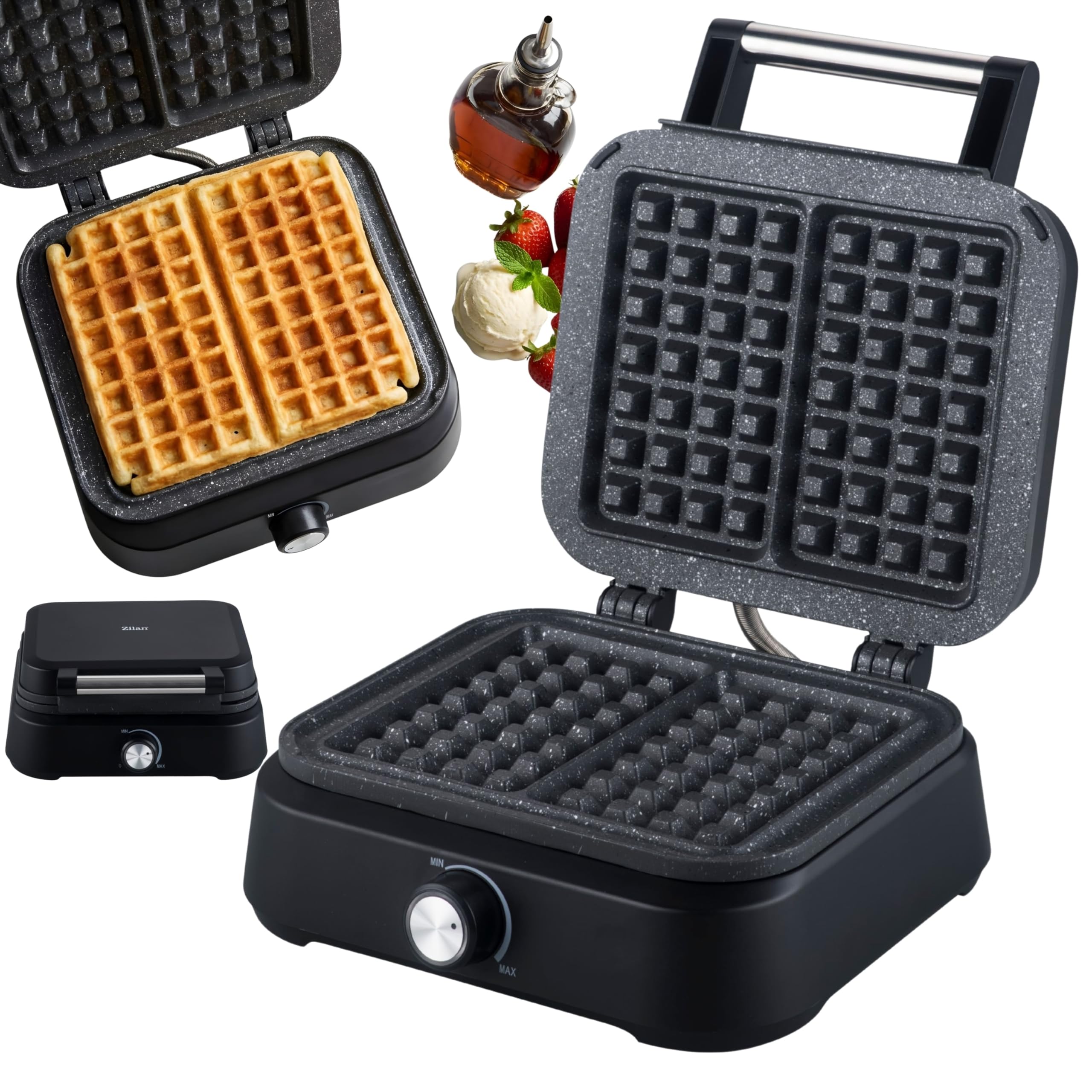 Gofrera belga doble – Placas XXL 1500 W 95 °C – 205 °C – Gofrera para hacer gofres, revestimiento antiadherente, color negro mate, tecnología Cool-Touch, canal de desbordamiento