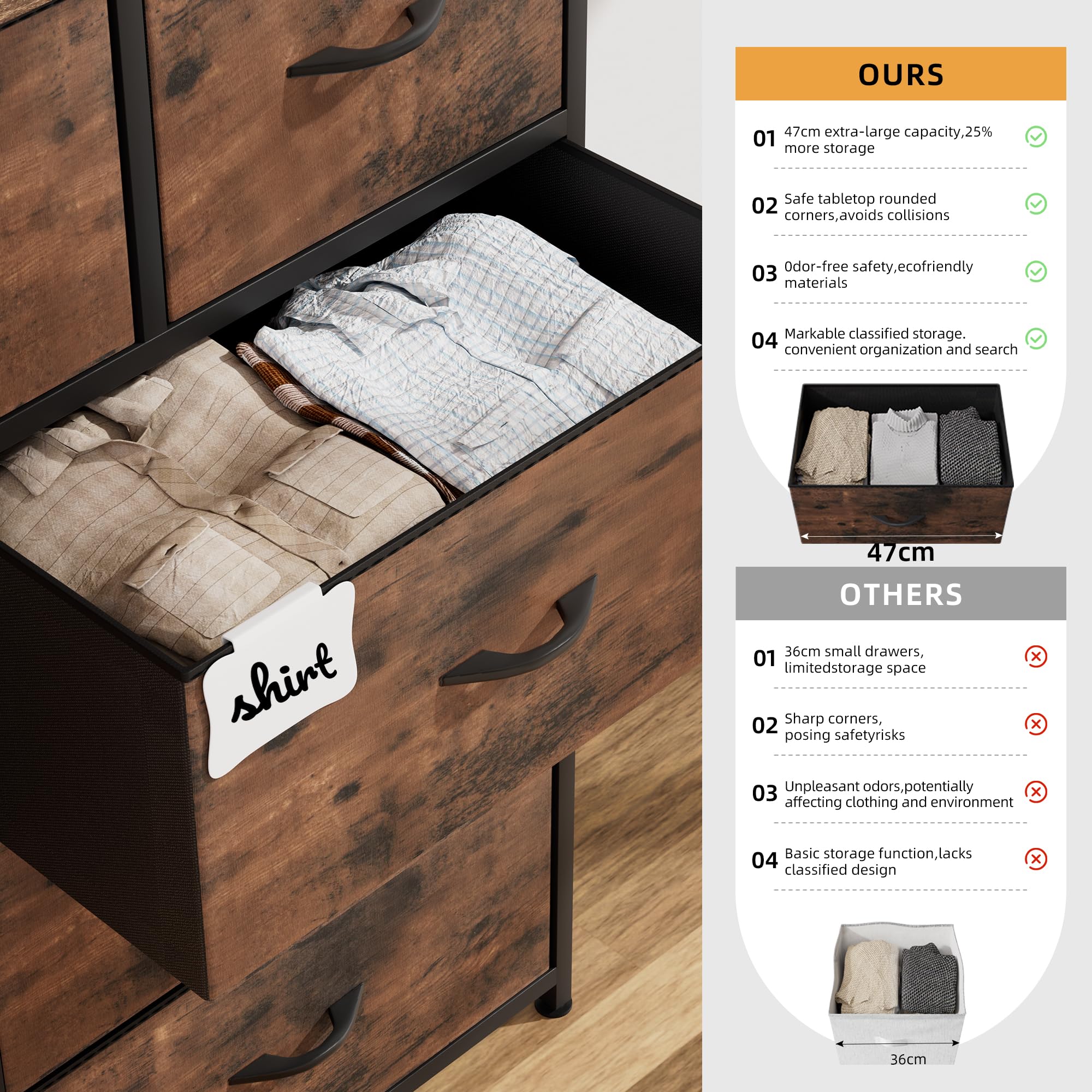 Cajonera de Tela - Cómoda Organizador de Lona con 9 Cajones Grandes, Tarjetas de Etiqueta, Bolsillo Lateral y Gancho, para Sala de Estar, Pasillo, Dormitorio