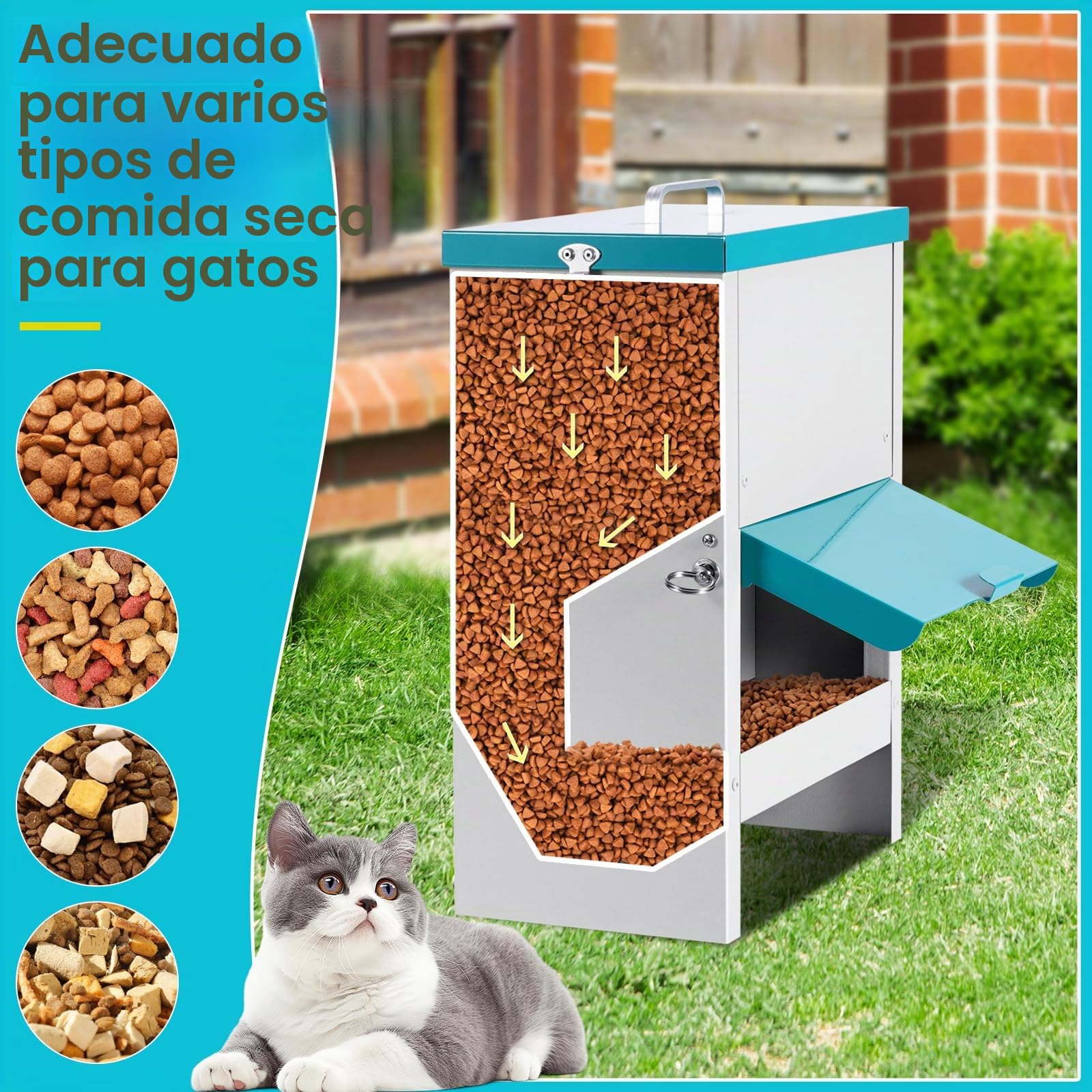 Dispensador Comida Gatos con Comedero Elevado, 10L, Alimentador para Mascotas Integramente de Metal, Tolva para Varios Gatos, Robustos, a Prueba de Lluvia y Nieve