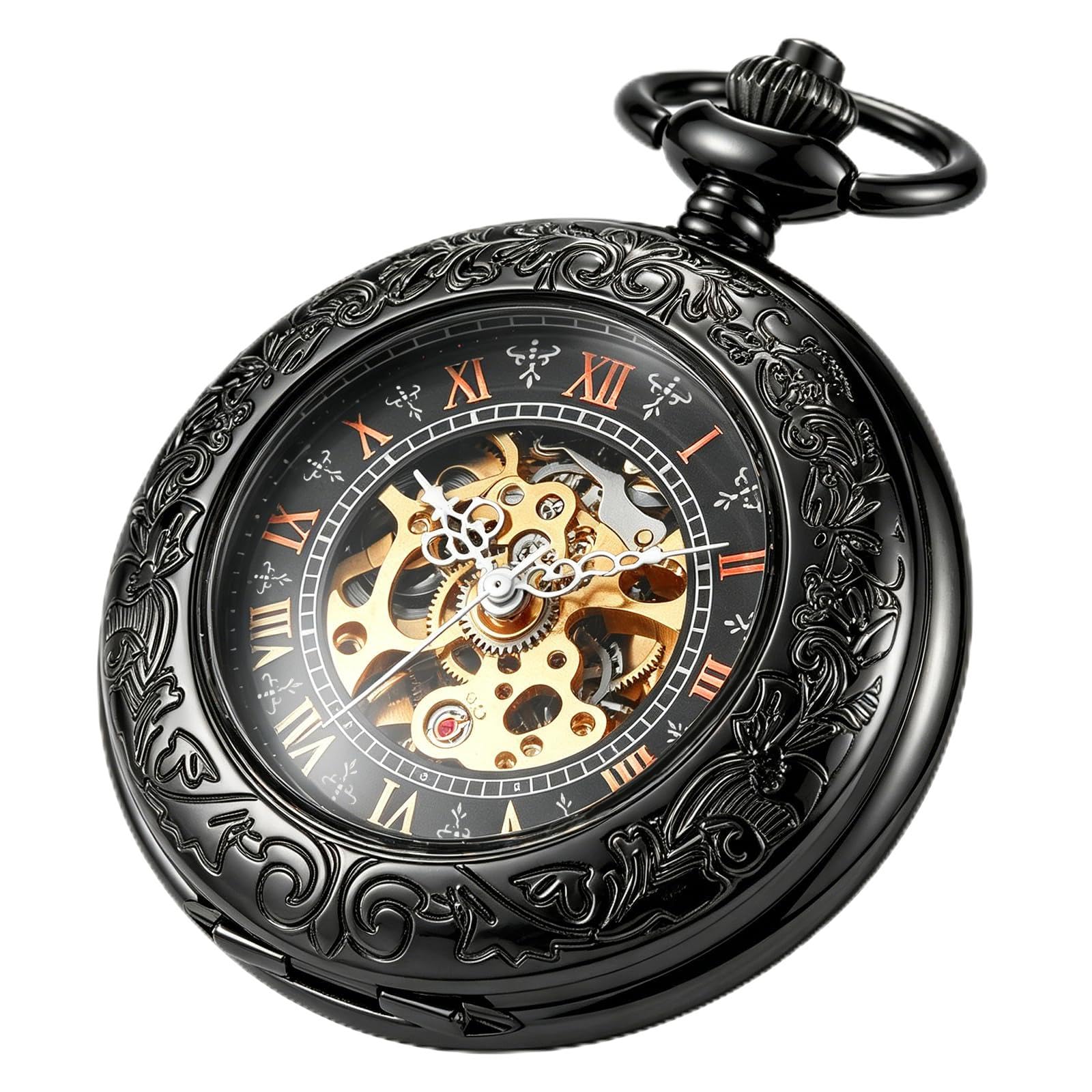 Fashion Skeleton Mechanical Pocket Watch, Antique Roman Numeral Dial Mechanical Pocket Watches for Men with Box