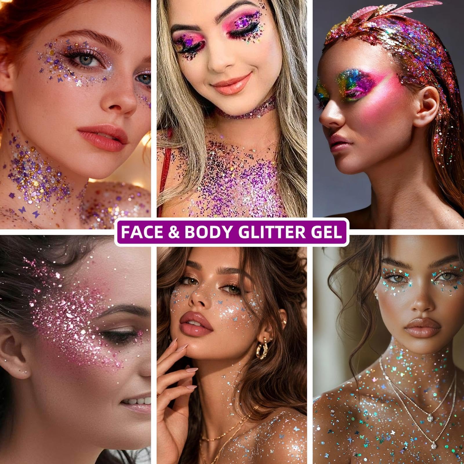 Glitter per il corpo, glitter scintillanti di lunga durata, gel glitterato per viso e corpo, per concerti, festival, partite di calcio, compleanni, ragazze e donne
