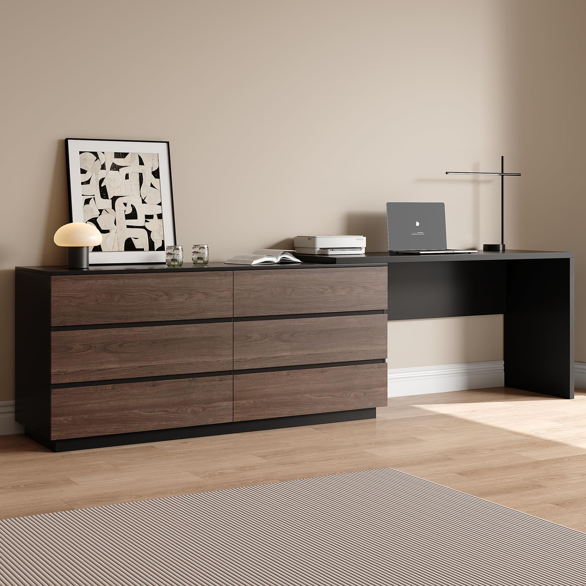 Modern Telescoping Desk 97.63" L-Shaped Computer Desk with 6 Large Drawers for Home, Office or Bedroom, Walnut