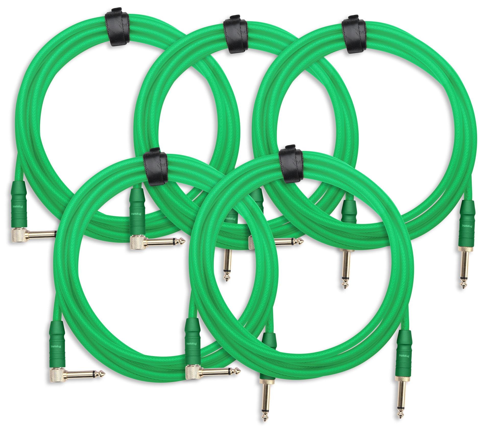Pronomic Trendline INST-3NG Cable de Instrumento 3m verde Set de 5 | Conectores: jack de 6, 3mm (ángulo) -> jack de 6, Conectores chapados en oro de 24 quilates, Longitud: 3m, Alivio de tensión