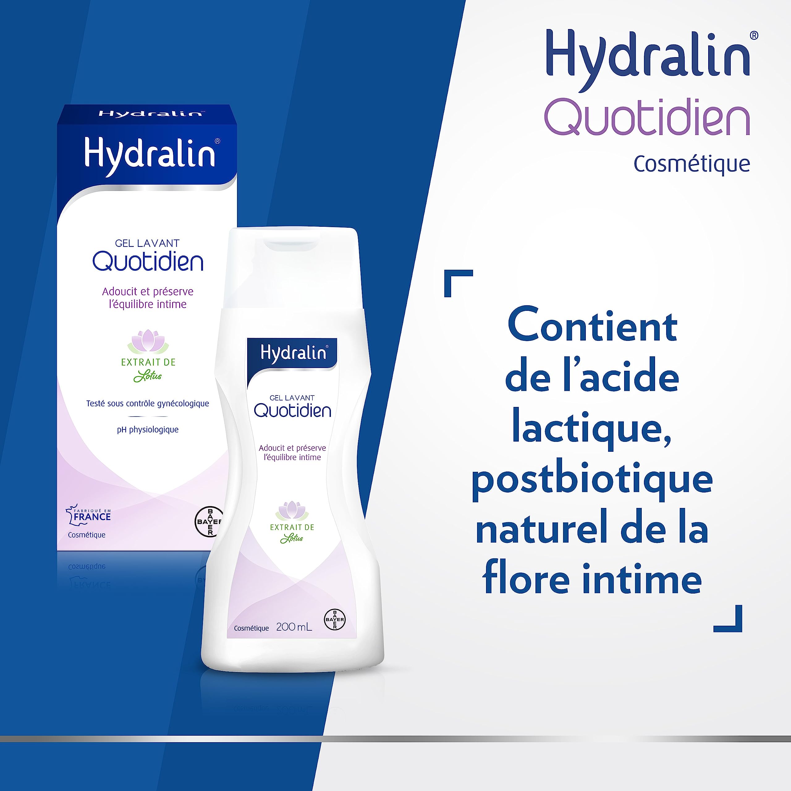 Hydralin Quotidien Gel lavant intime quotidien - Cosmétique - Adoucit et préserve l'équilibre intime - Extrait de lotus - Testé sous contrôle gynécologique - pH physiologique- 3x200ml
