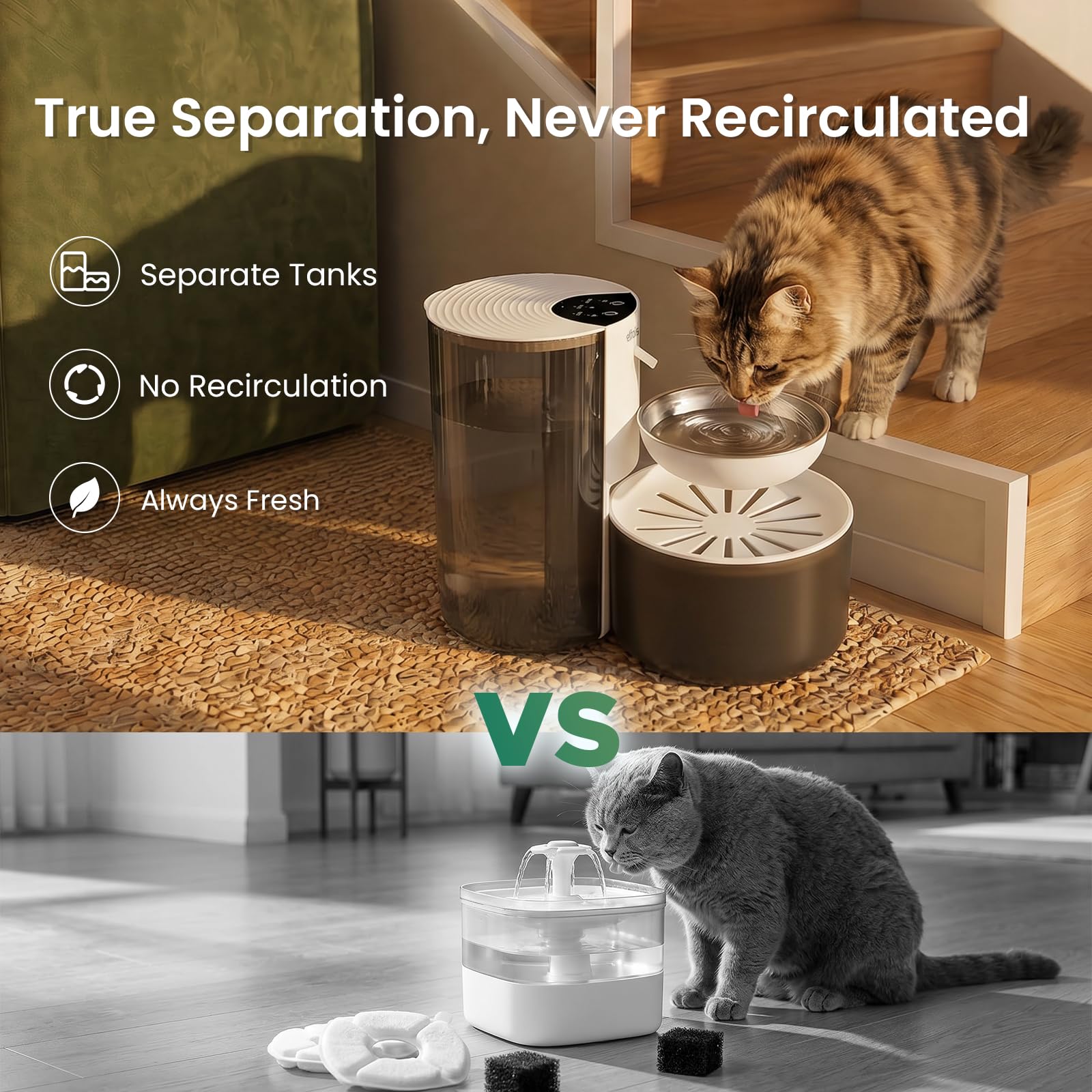 Fuente de agua para gatos sin filtro, dispensador de agua recargable inalámbrico para mascotas con gran capacidad de 3 litros, tanques de agua limpios y sucios, cuenco de acero inoxidable para
