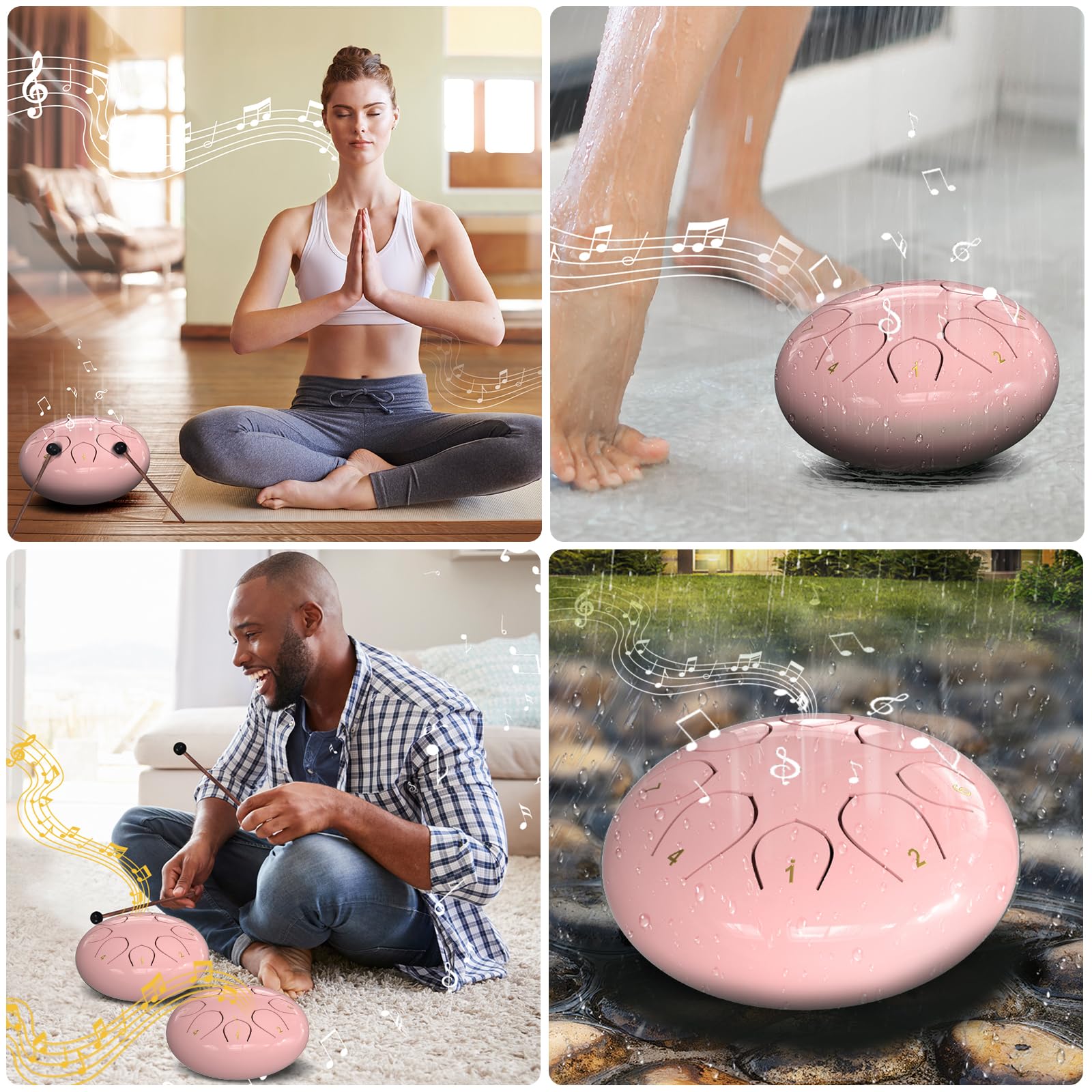 Rain Drum for Outside Garden, 6 Inches 8 Notes Steel Tongue Drums, Waterproof Meditation Echo Rain Chime, Musical Instruments for Adult Gift with Bag, Music Book, Mallets (Pink) 6