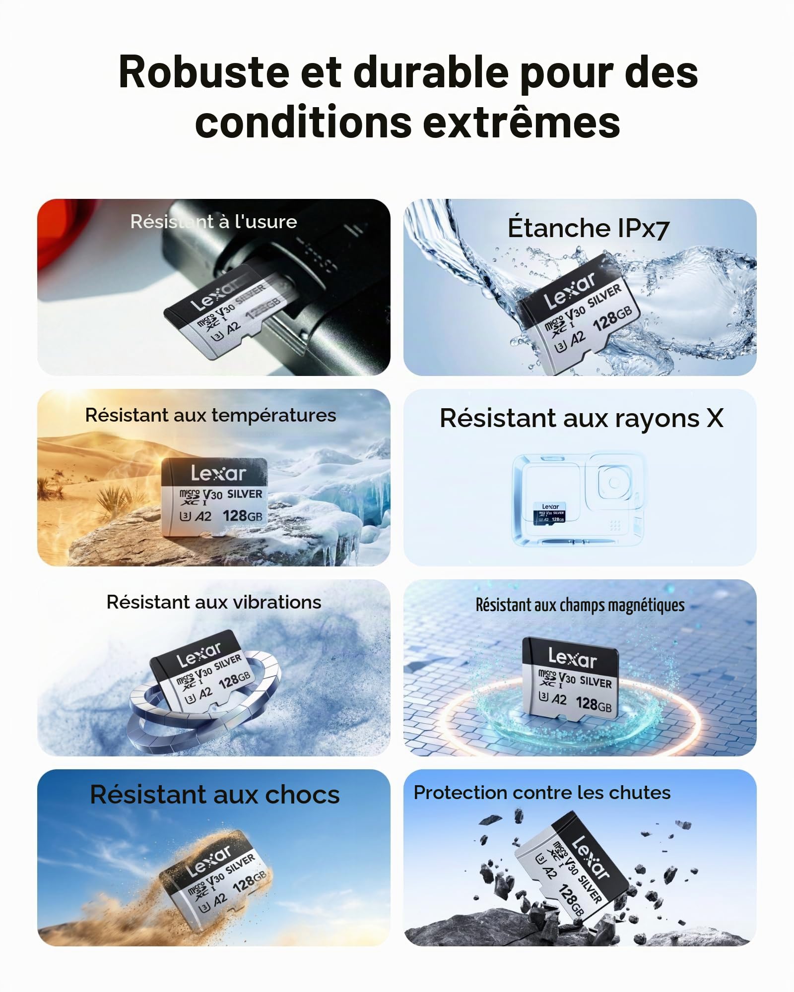 Lexar Silver Carte Micro SD 128 Go, jusqu'à 205 Mo/s en Lecture | Microsdxc Carte TF, 100 Mo/s en écriture, Carte Mémoire Micro SD+ Adaptateur, A2, U3, Classe 10, V30, Full HD et 4K UHD Video