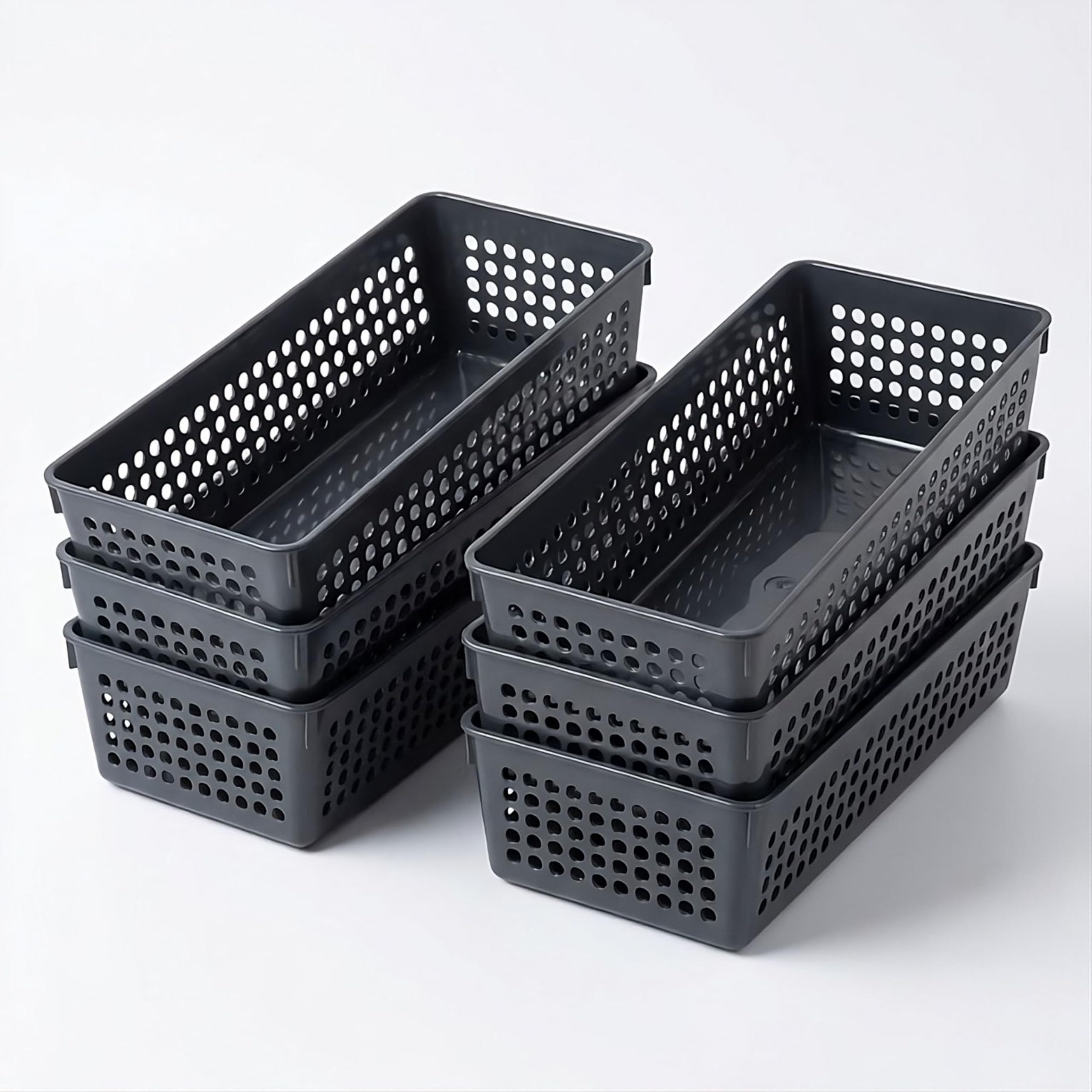 ABBAware Pack of 6 Long Rectangular Storage Baskets – Slim Drawer Organisers (L26.3 x W11.2 x H6cm) – Perforated Plastic Trays for Kitchen Utensils, Desk Supplies & Bathroom Storage