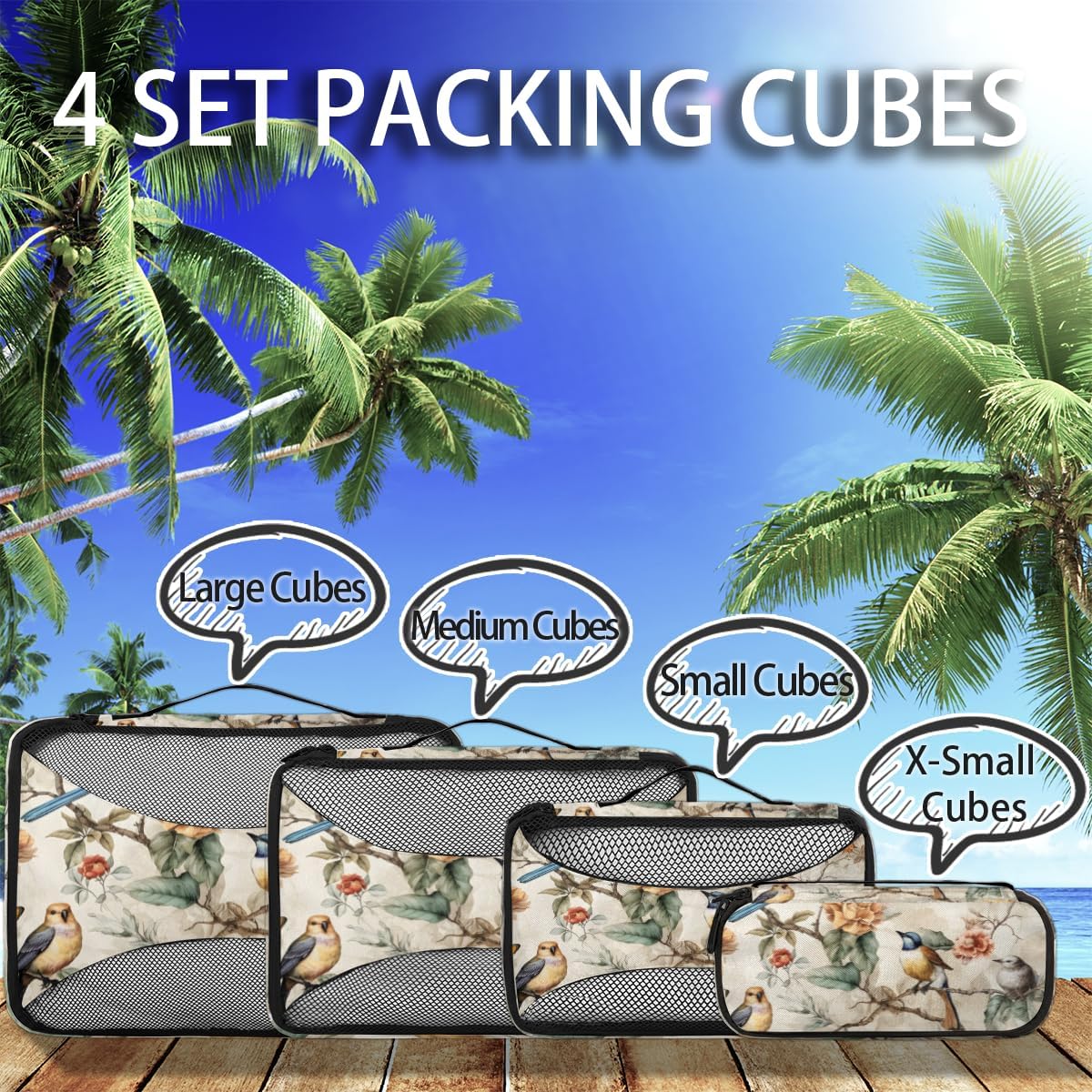 Retro Flowers Bird 4 Set Packing Cubes Packing Cubes for Women Lightweight Travel Essential Bag Clothes Carry on Suitcase Bags for Accessories Essentials