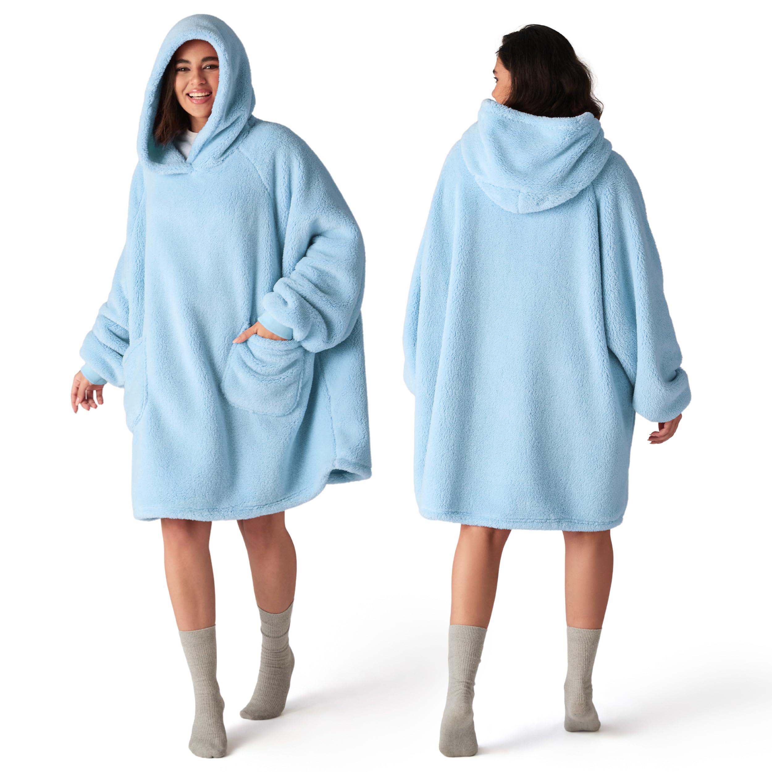 Bedsure Wearable Blanket Hoodie Mothers Day Gifts for Women, Warm Cozy Hoodie Blanket Sweatshirt for Adult Women Men, Sky Blue, Oversized
