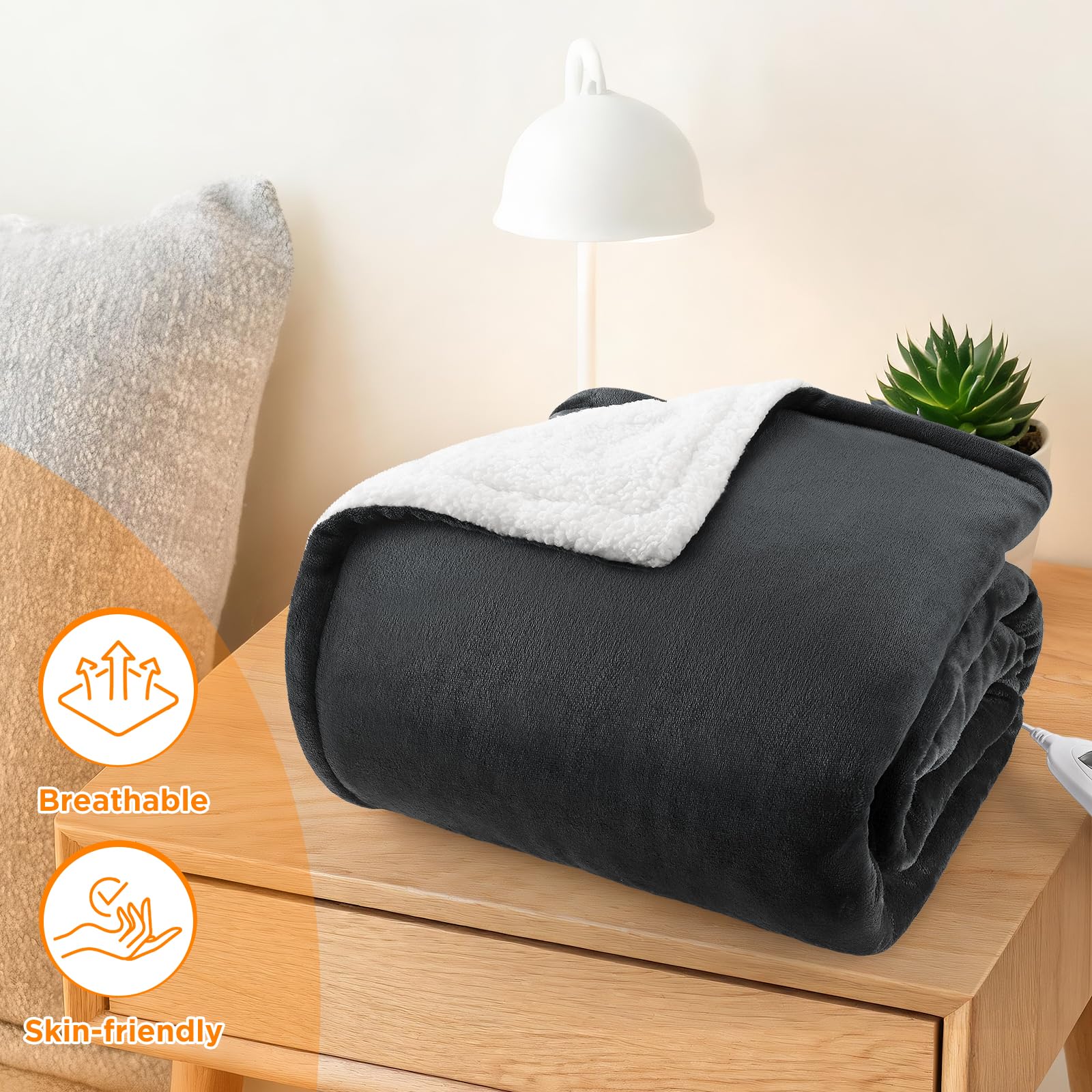 berssen Heizdecke mit Abschaltautomatik,6 Heizstufen,1-9 Stunden Auto-Off-Timer Überhitzungsschutz,Elektrische Kuscheldecke für Home & Office, 130x180cm,Mix-Grau