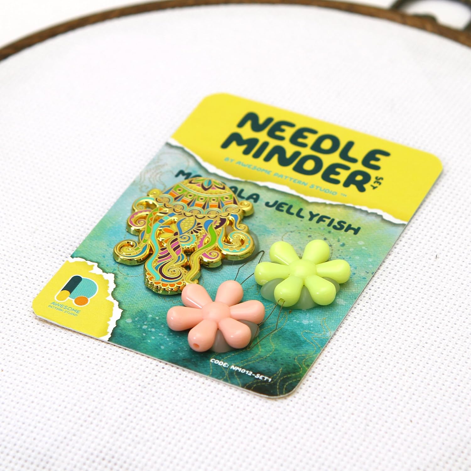 Awesome Pattern Studio Needle Minder Set - Mandala Jellyfish Magnetic Needle Minder + 2 Needle Threaders. Enamel Pin for Cross Stitch, Embroidery and Craft
