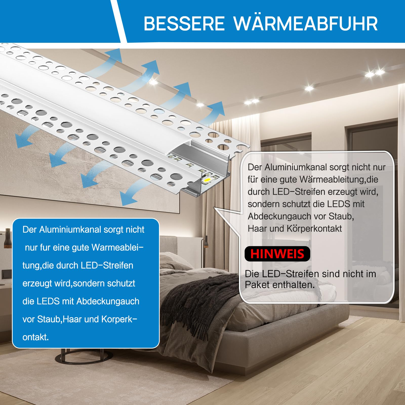 Efishine 1M LED Aluminiumprofil für LED-Streifen, Trockenbauprofil, inkl. Clip-in Diffusor, kompatibel mit Philips Hue