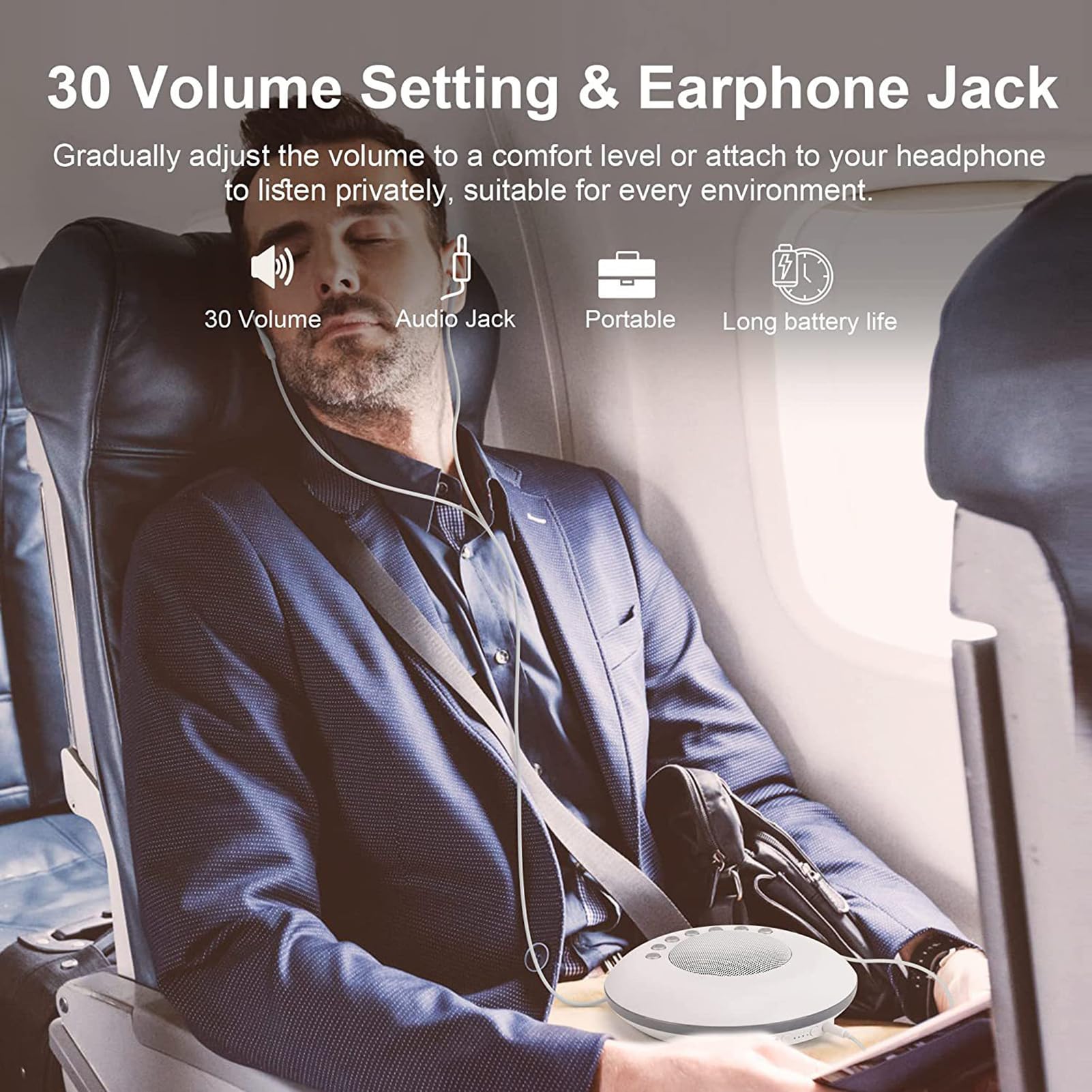 Strumento Intelligente per Dormire con Rumore Bianco, 28 Suoni rilassanti Non ripetitivi, 30 Livelli di Volume, 3 Timer, Funzione di Memoria, Jack Audio, Ricaricabile per casa, uff
