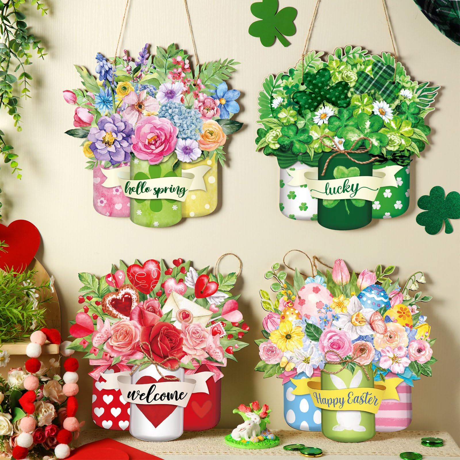 Lineshading 12 Pcs Interchangeable Seasonal Welcome Door Signs Decorations Wood Farmhouse Mason Jar Valentines St Patricks Easter Spring Summer Patriotic Wreaths for Front Door Porch Wall(Classic)