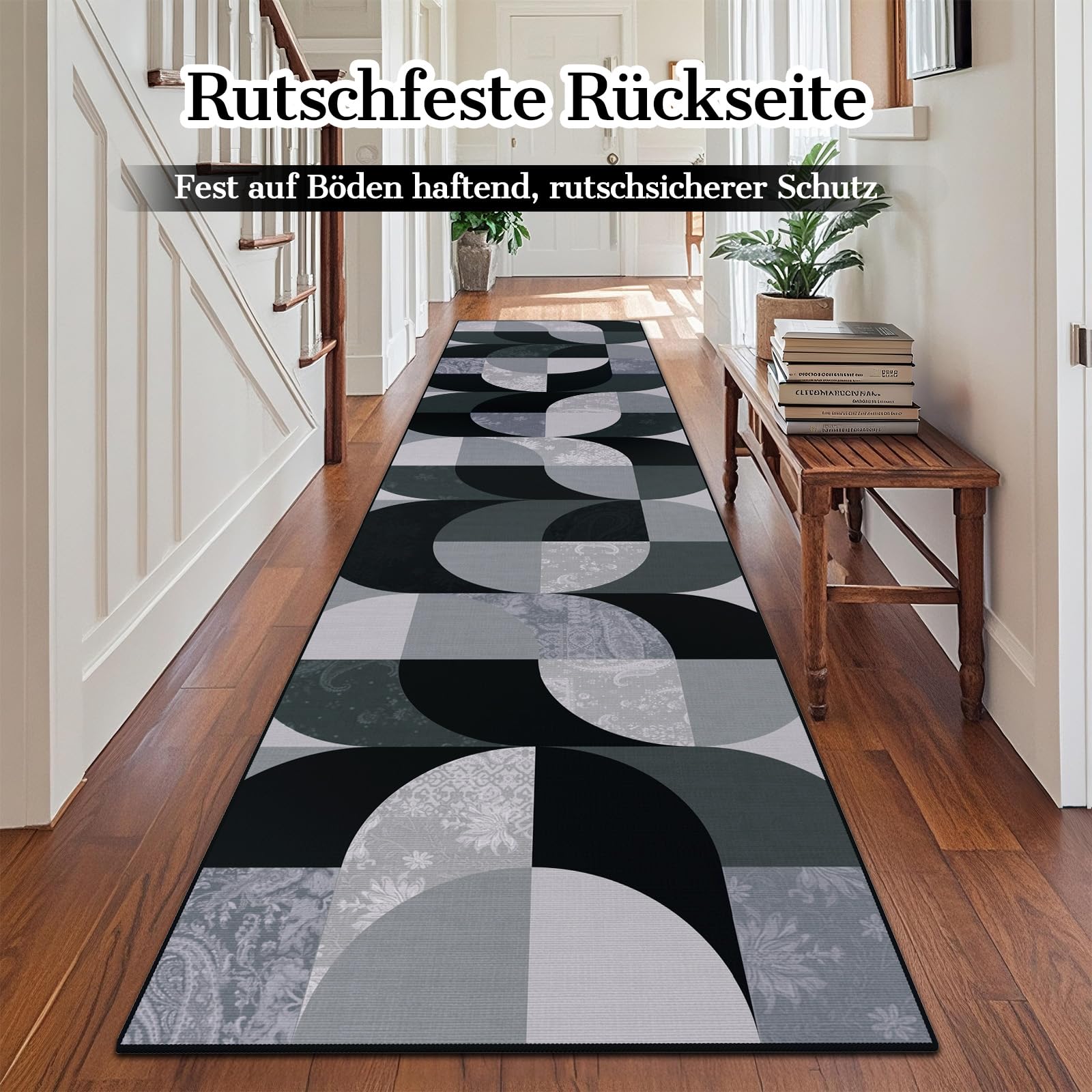 Boho Teppich Läufer Flur 80x300 cm, Schwarz Waschbar Küchenteppich, Geometrischer rutschfester Flurläufer Lang, Weicher Kurzflor Küchenläufer für Eingänge Schlafzimmer Wohnzimmer Korridor Küche
