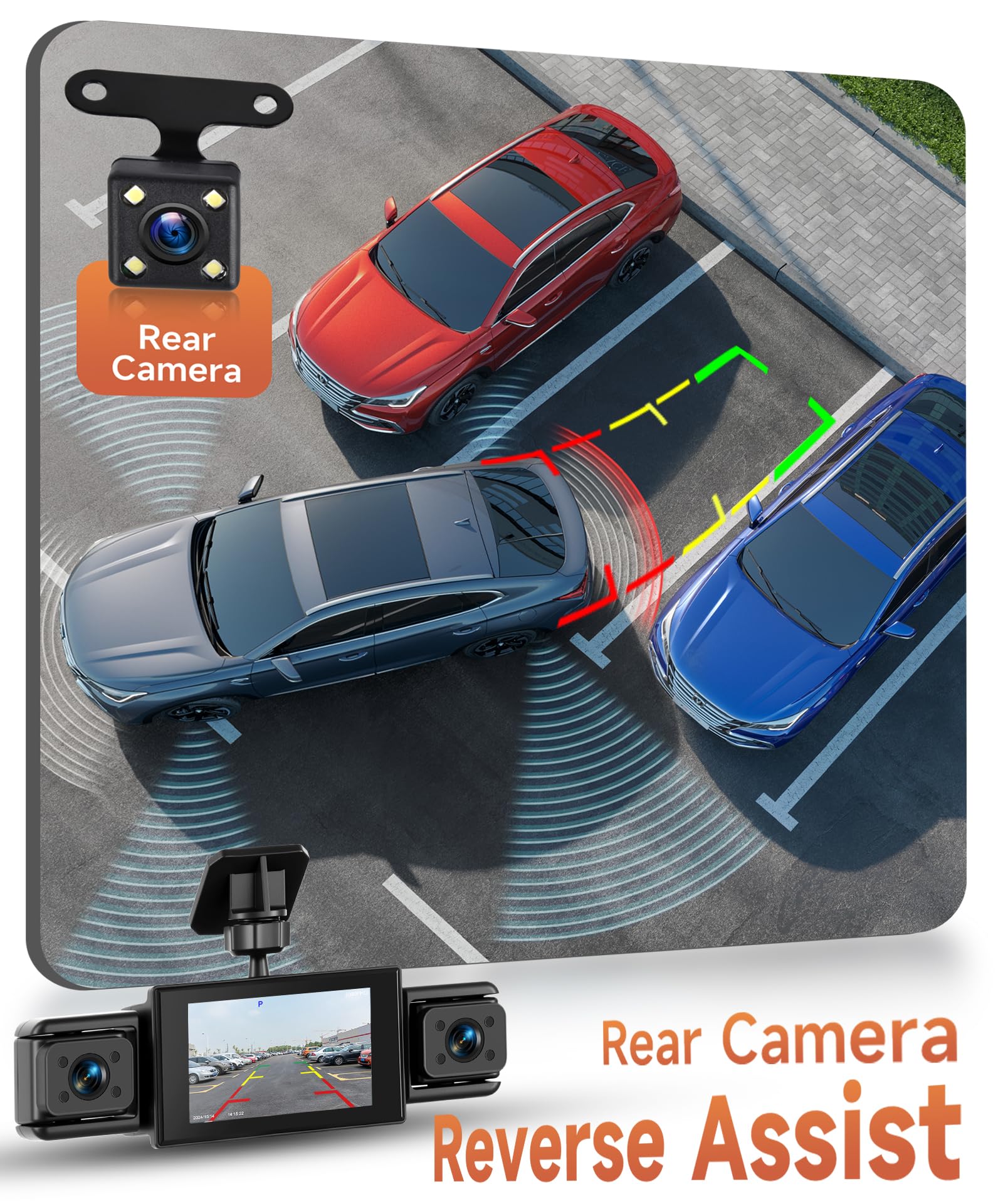 Rimoody 4 Canali Dashcam Auto 360°, 108P 4 Telecamere Anteriore Posteriore Sinistra Destra, 3 Pollici Schermo IPS Dash Cam, Visione Notturna 8 IR, Registrazione in Loop, Monitoraggio Parcheggio 24H