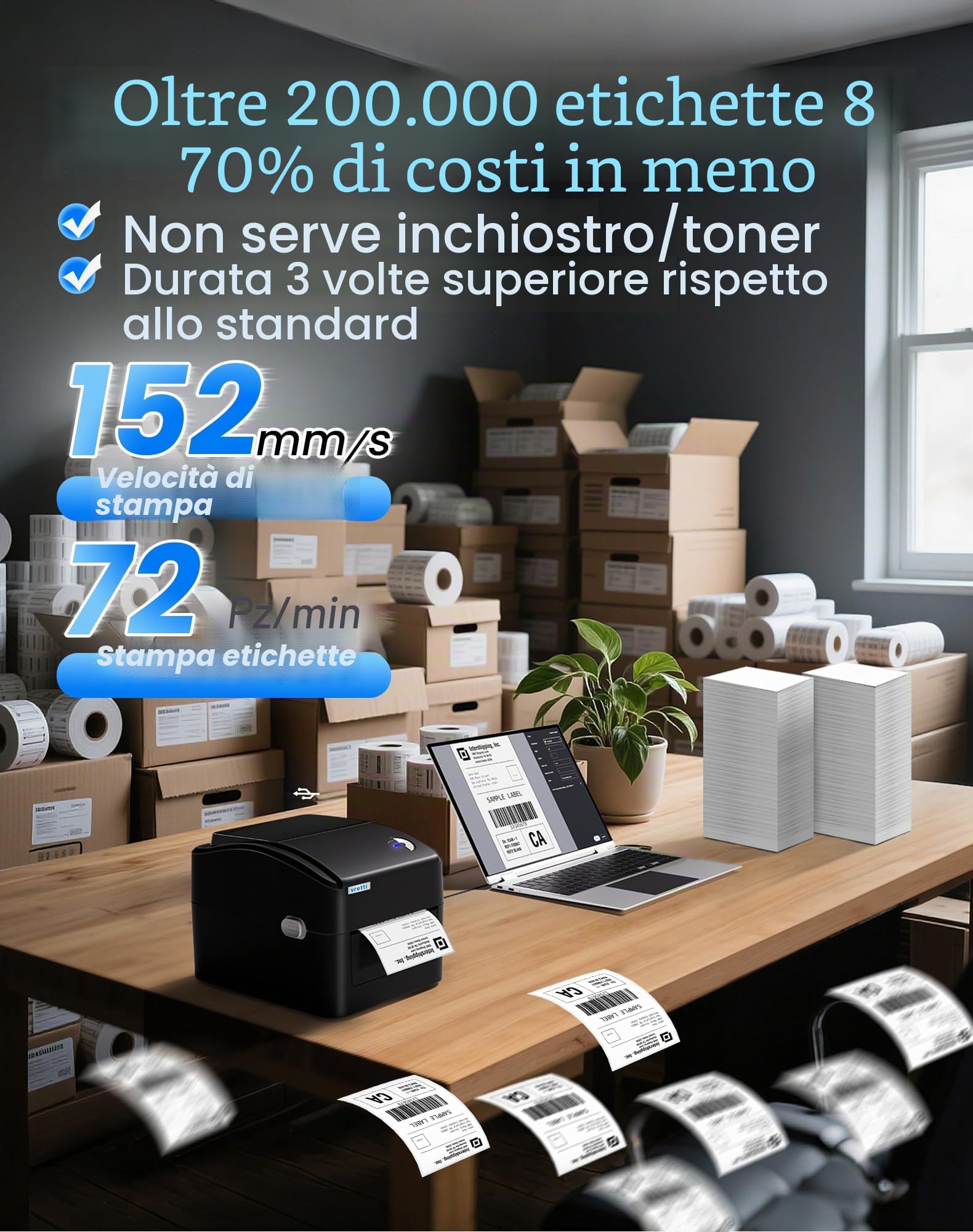 vretti Stampante per Etichette di Spedizione, Stampante Termica per Etichette 4x6 per Pacchetti di Spedizione, per Piccole Aziende UPS Amazon
