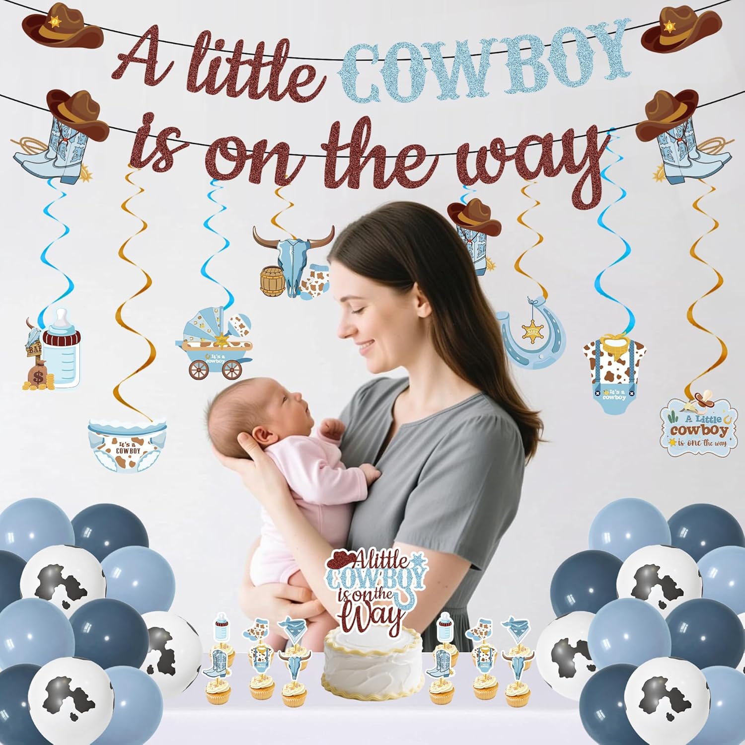 Western Cowboy Baby Shower Decorations - 47 Pcs A Little Cowboy Is On The Way Baby Shower Banner Balloons Hanging Swirls Cake Cupcake Toppers Table Decor For Baby Boy Party Supplies