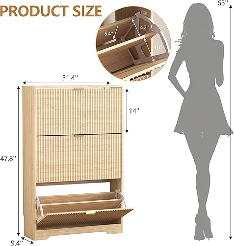 Miniatura 2 de Armario de zapatos para entrada con 3 cajones abatibles, armario de zapatos acanalado de roble con estantes ajustables, zapatero oculto de madera