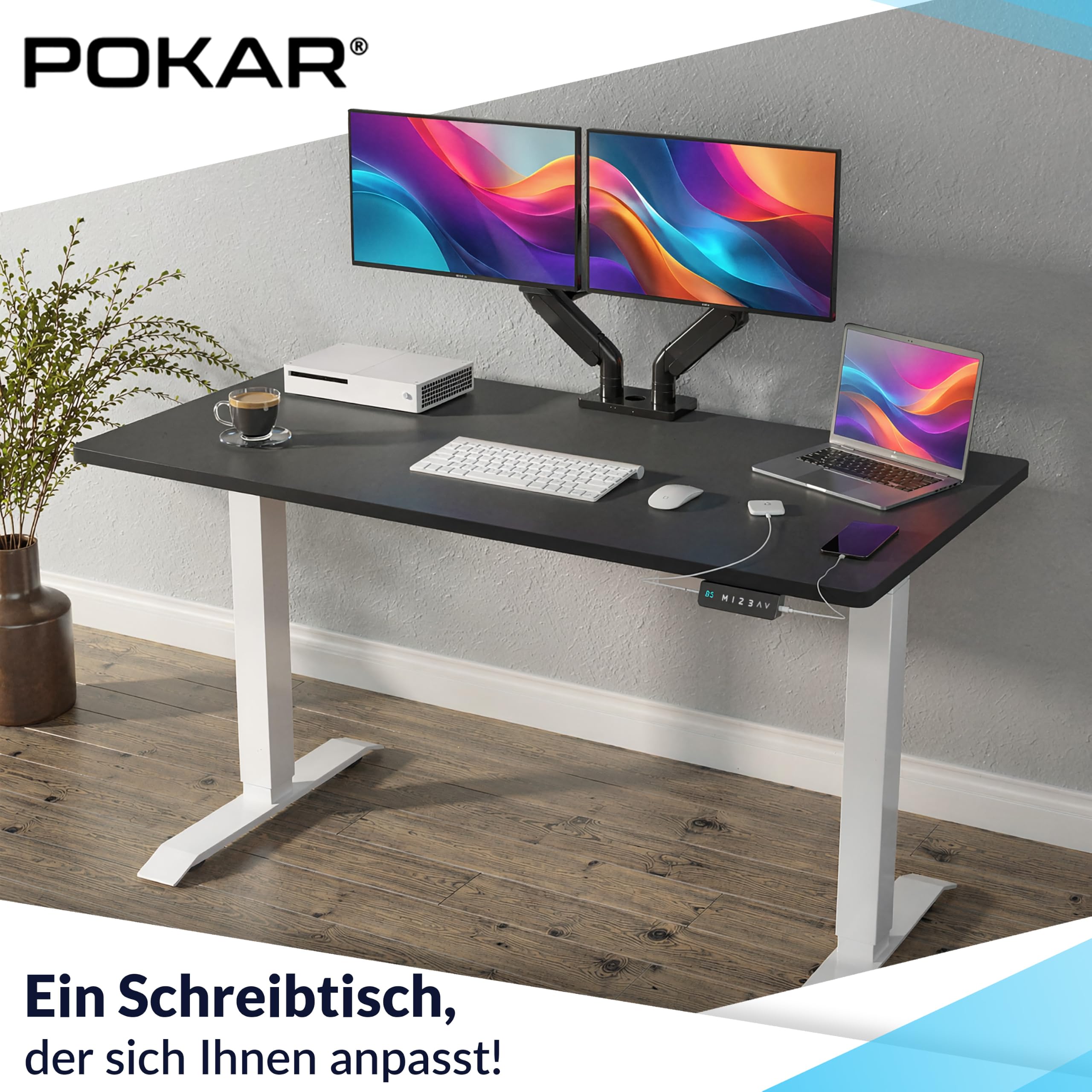 POKAR Höhenverstellbarer Schreibtisch Elektrisch 120x80 cm | Massive 25mm Platte | Memory-Panel mit USB-C und USB-A | Steh-Sitz-Tisch für Home Office | Gestell Schwarz, Platte Sonoma Eiche