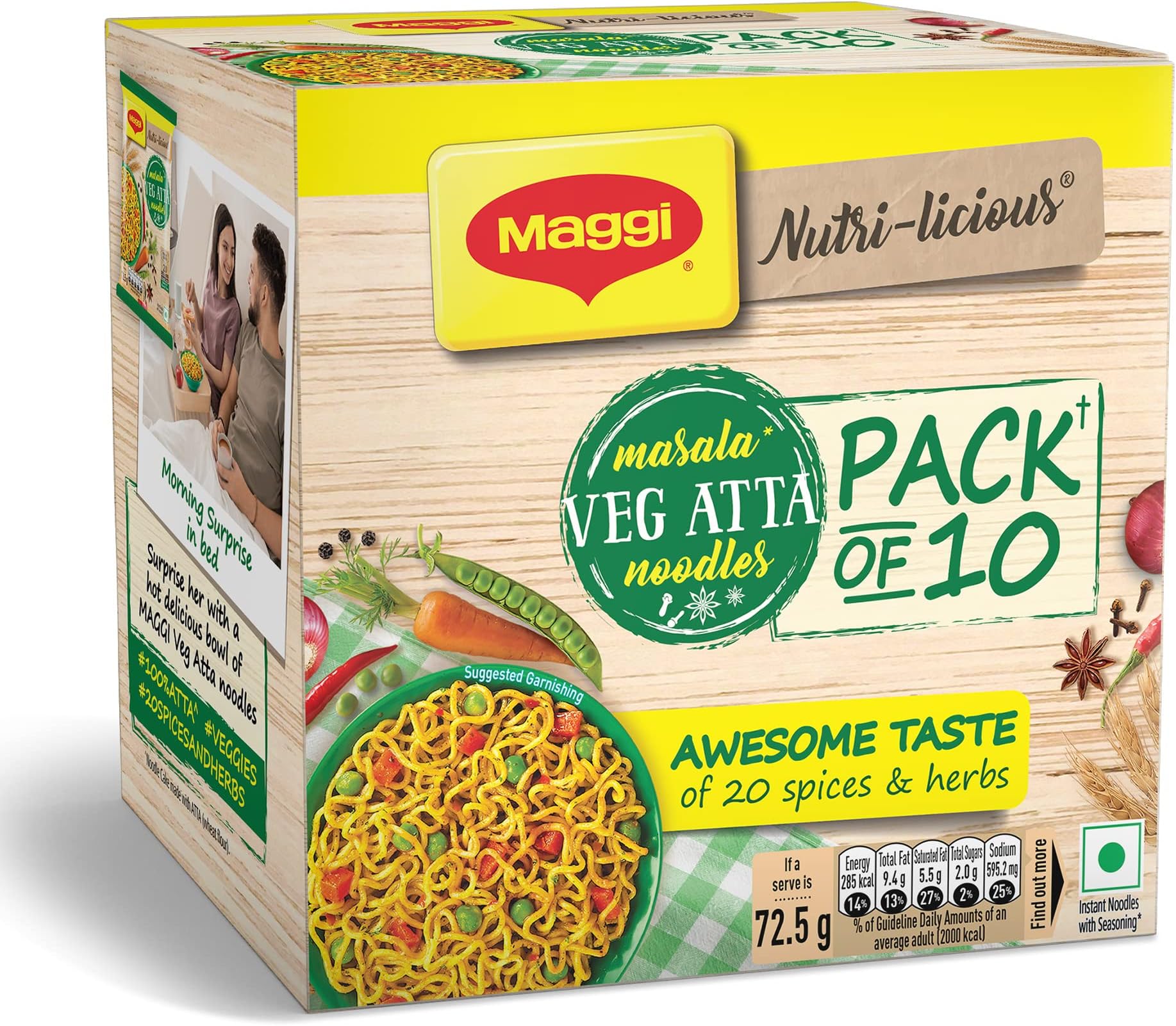 MAGGI Masala Veg Atta Noodles|100% Atta|Tasty 20 Spices & Herbs|Source of Fibre & Iron |725 Gm