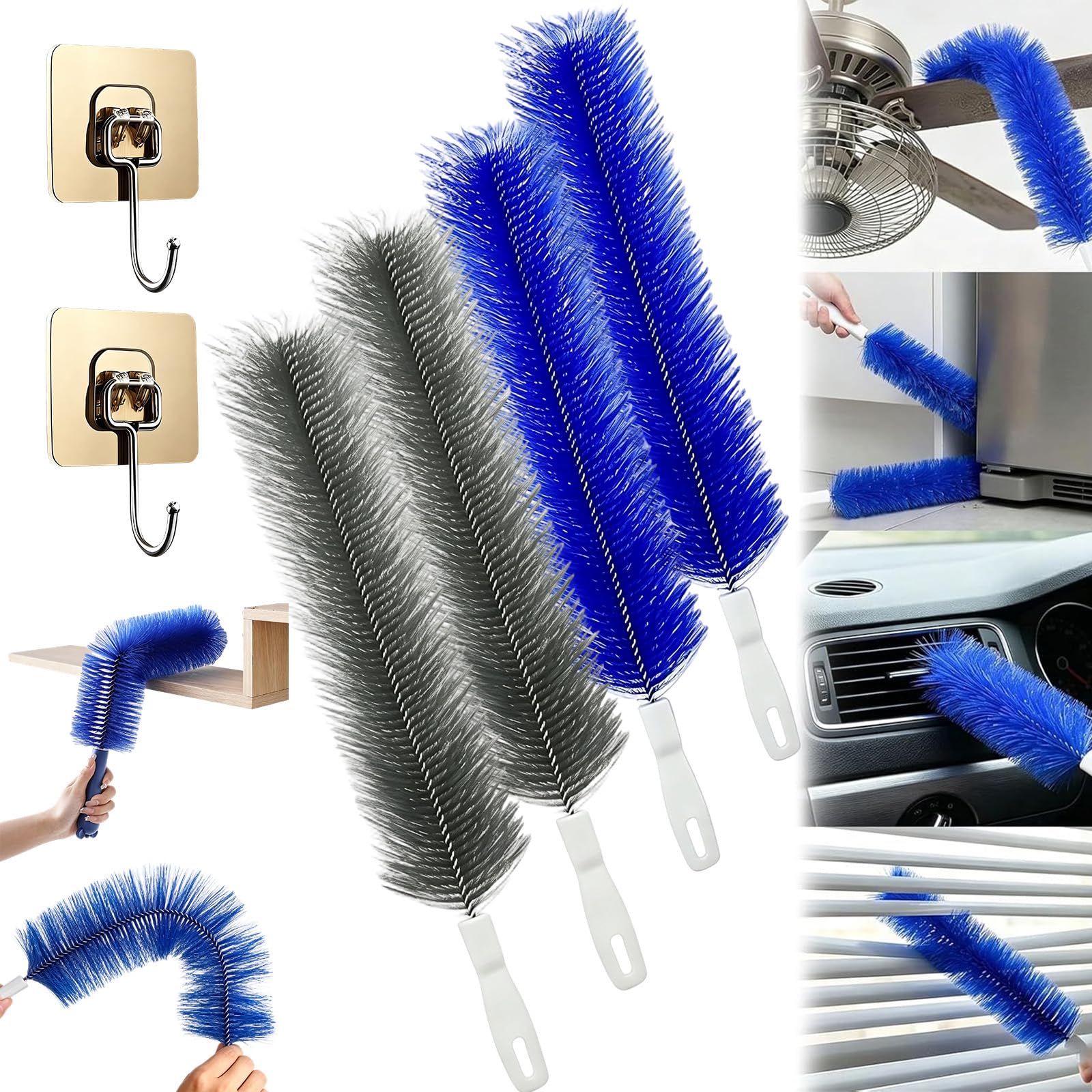 Bendable Microfiber Head, Cobweb Duster, Ceiling Fan Cleaner Duster with Flexible Head, Fan Cleaner Brush Reusable Dust Remover Washable for Electric Fans, Air Conditioning, Car Vents (2blue2grey)