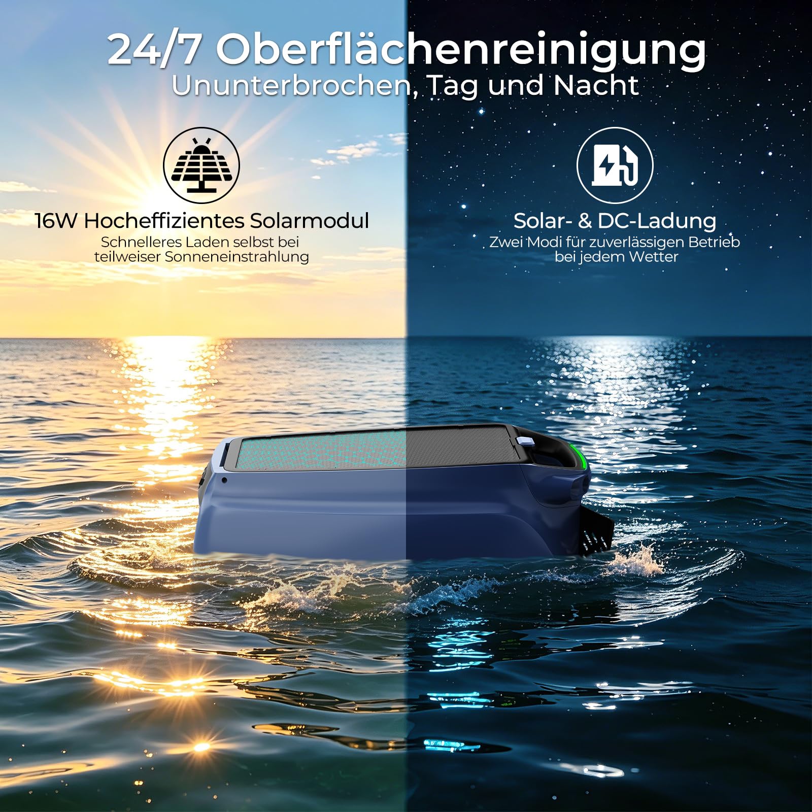 PS100 Solar Pool Skimmer Roboter, Kabelloser Poolroboter | Aktives Solar-Tracking, App-Steuerung, 24/7 Oberflächenreinigung, 6L Filterkorb, Ultraschall-Hinderniserkennung für alle Pool