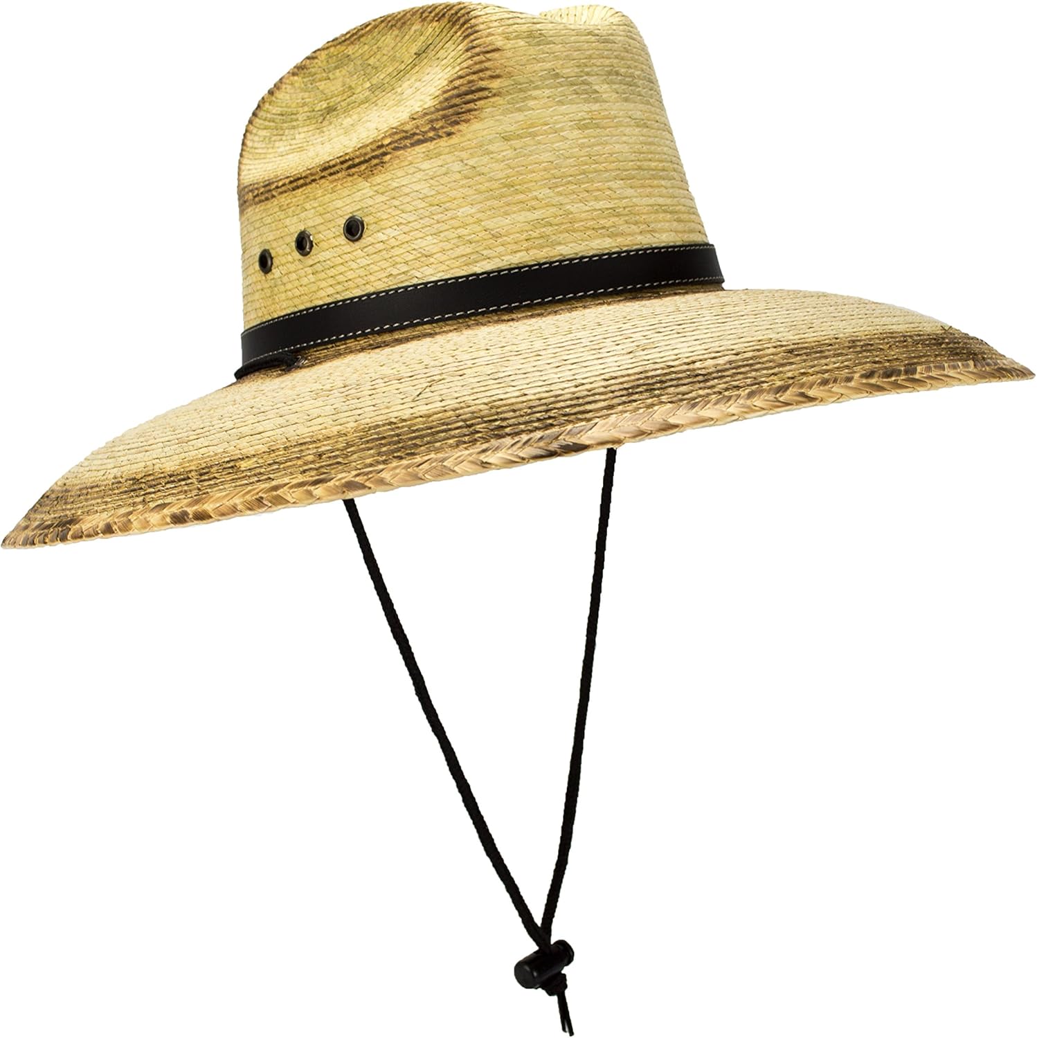Mexican Palm Leaf Straw Lifeguard Sun Hat, Black Hatband, Vented Crown, Chin Strap, Natural