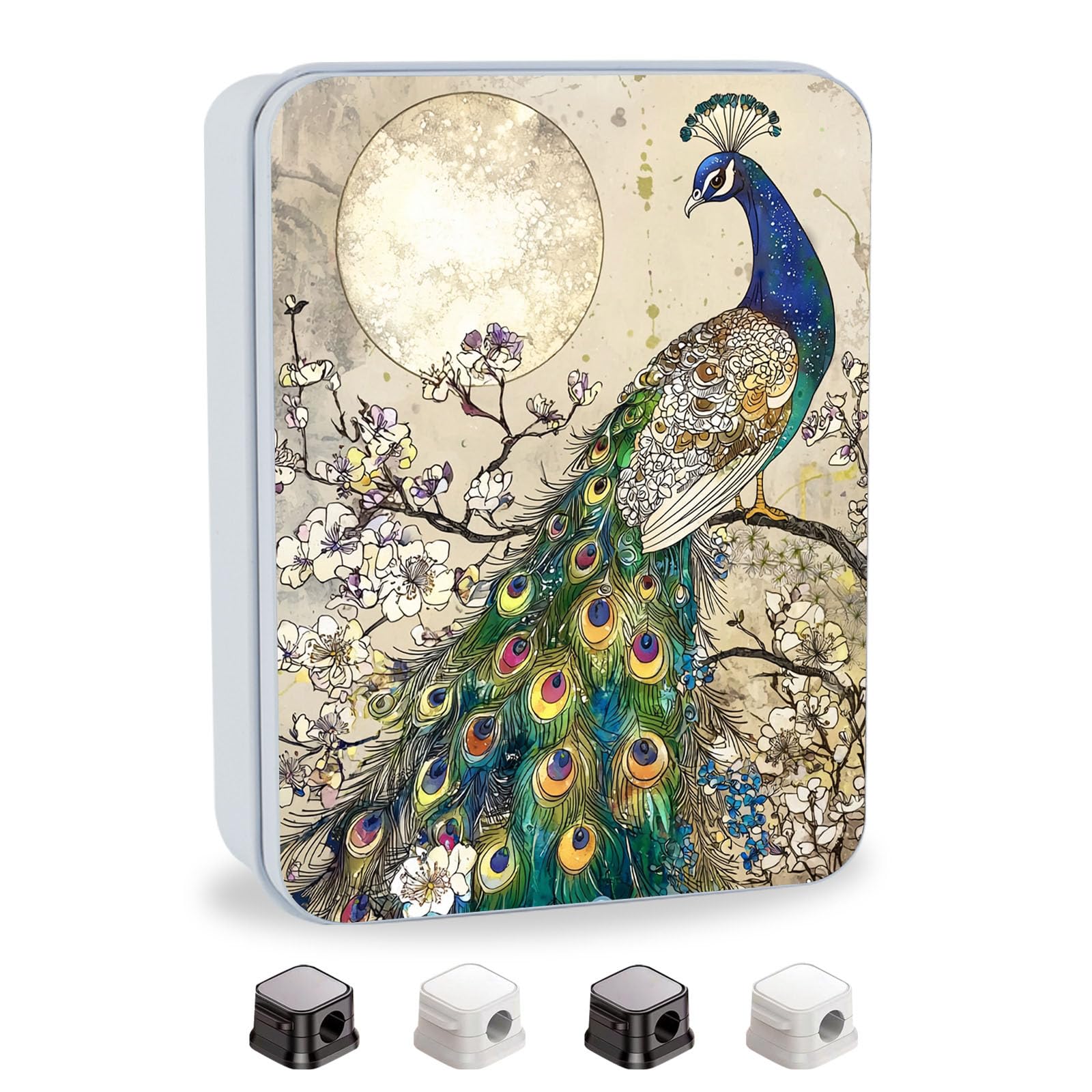 Metal Tin Box with Lid,Multi-functional Storage Box Can Store Tea Biscuits Game Cards, Playing &amp; Tarot Cards-Comes with 4 Magnetic Cord Clips,Peacock by Moon