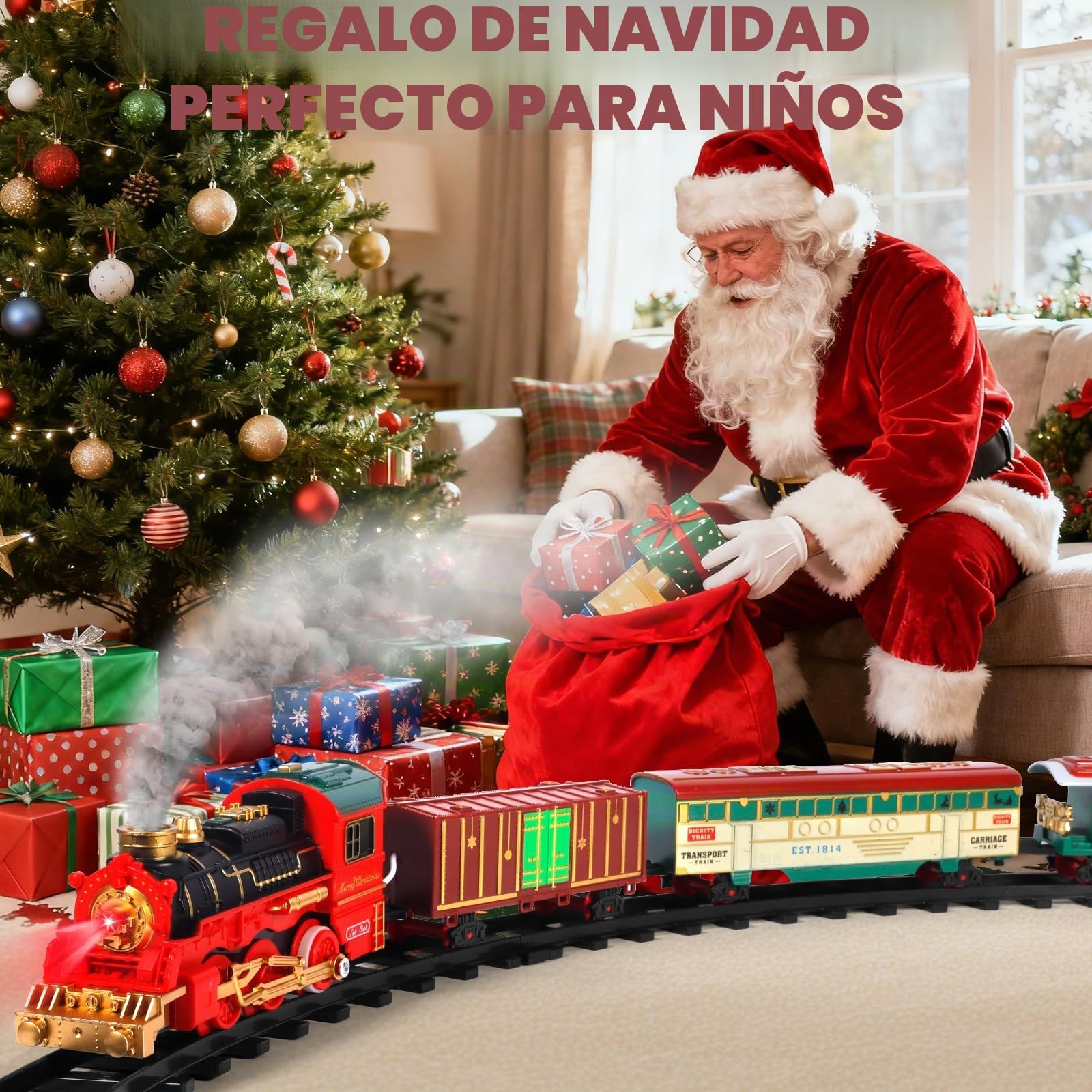 Tren Juguete para Niños, Tren de Navidad Eléctrico de Vapor con Spray, Luces y Sonido, Decorar Árbol de Navidad, Regalos para Niños y Niñas Mayores de 3 4 5 6 7 8 Años
