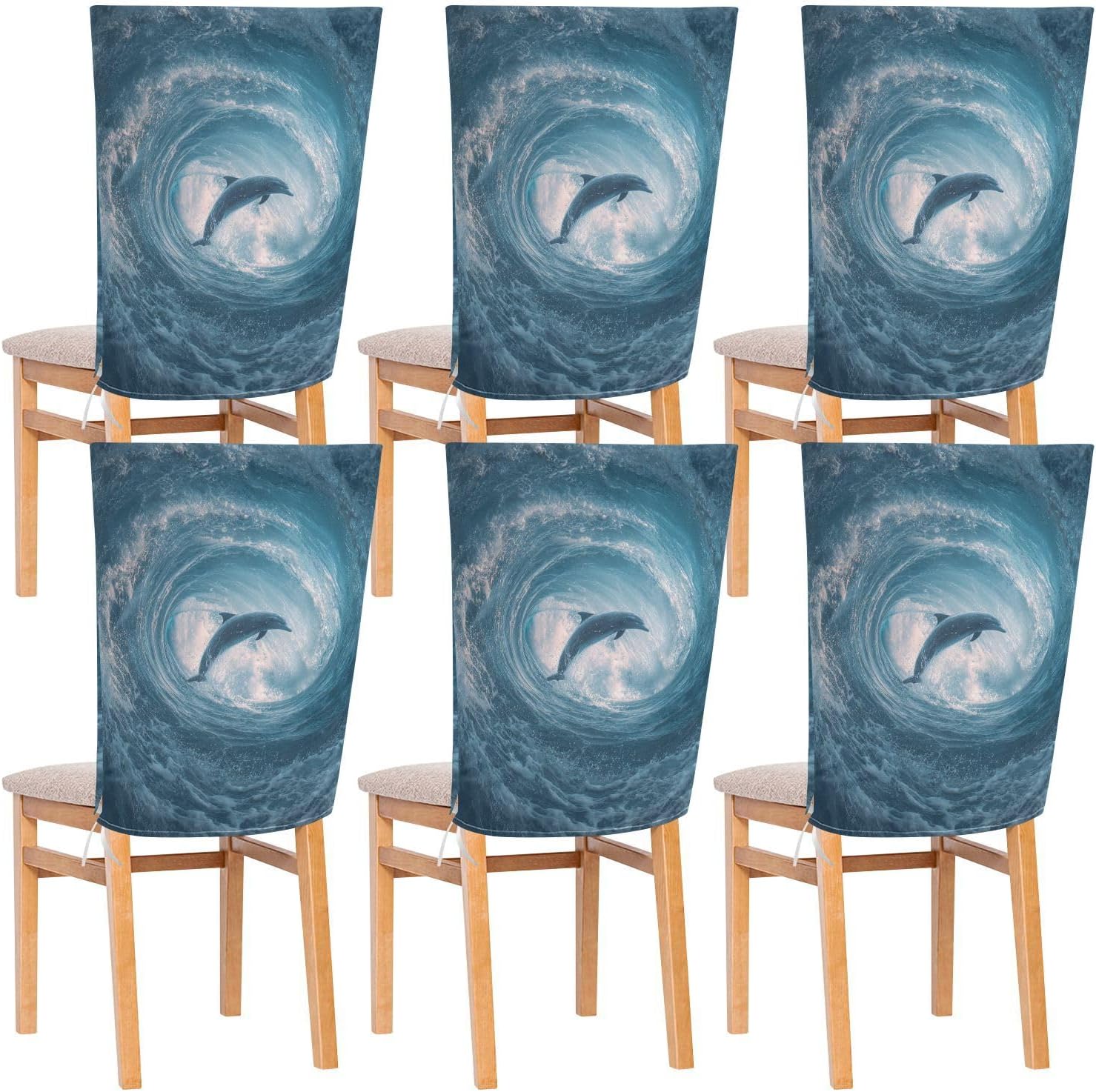 ALAZA Ocean Waves Dolphin Chair Back Cover Set of 6, Washable Reusable Removable Chair Slipcovers Decorative Chair Cover for Home Kitchen Wedding Party