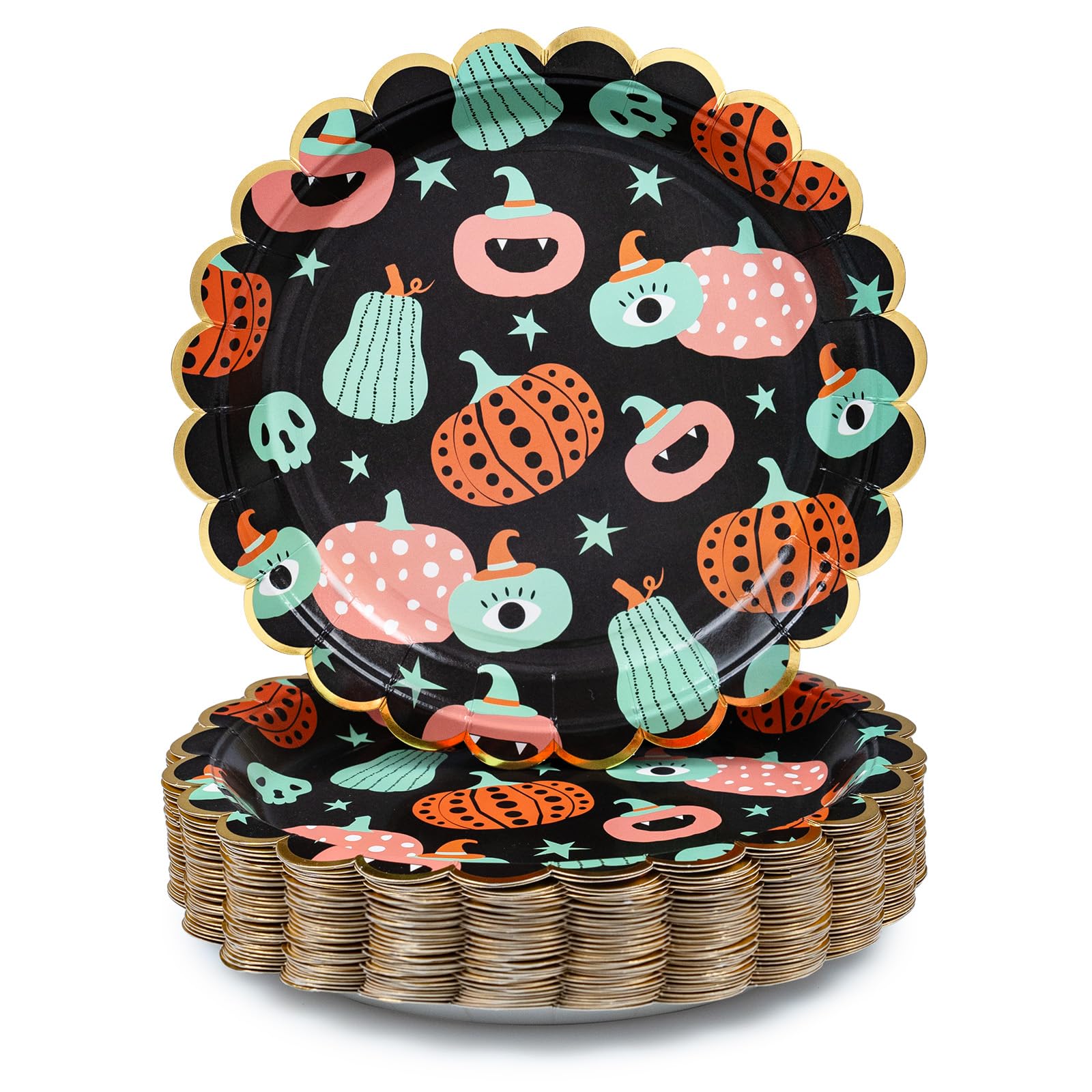 Confettiville Halloween Paper Plates, 50-Count Disposable Halloween Dinner Plates, Scalloped, Party Supplies, Funky Pumpkins, Black