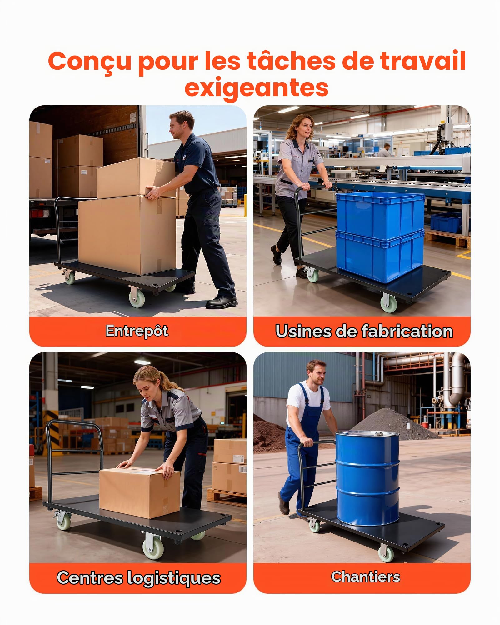 VEVOR Chariot à Plateforme Robuste Capacité de Charge 907 kg Chariot à Plateau 122x61 cm pour Manutention, Transport dans Usines, Entrepôts, Ateliers, en Acier Allié, avec Roues Pivotantes et Poignée