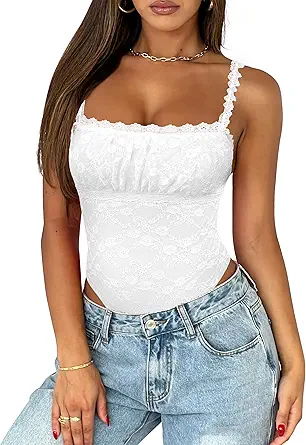 Saslax Women's Sexy Square Neck Lace Sleeveless Bodysuit Tank Tops Double Lined Body Suit Thong Outfits