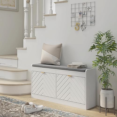 Miniatura 2 de HOMCOM Banco de zapatos, banco de entrada con 2 cajones abatibles, cojín de asiento y 2 rejillas de ventilación para 8 pares de zapatos para