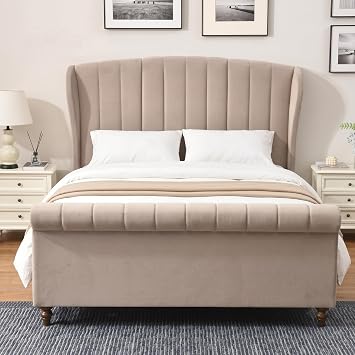 Queen Size Platform Bed Frame with 54" H Velvet Headboard, Taupe