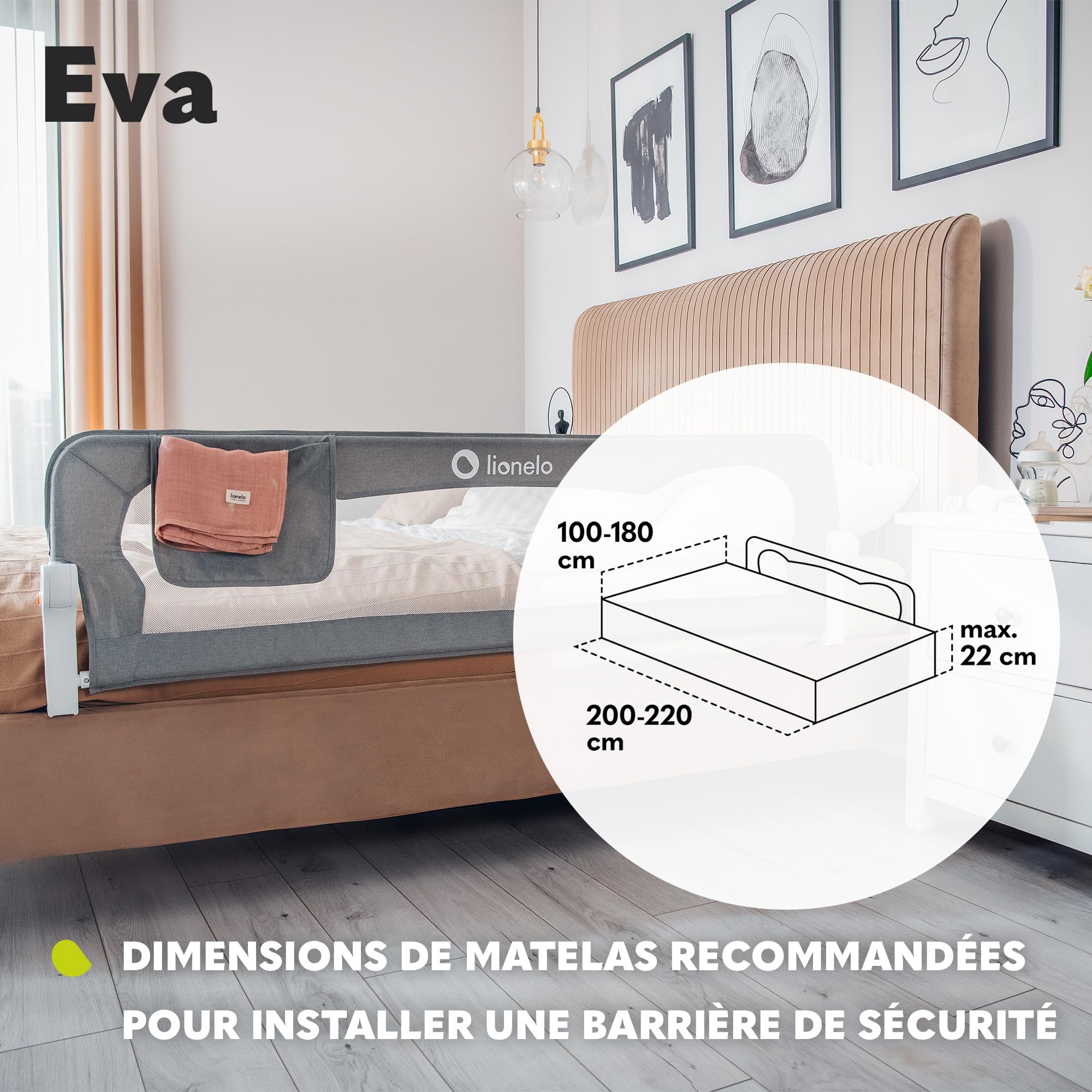 Lionelo Eva Barrière de Lit 150cm x 42cm Pliage 180° Anti-Chute Ceintures Sécurité Cadre Métal Pliable Beige