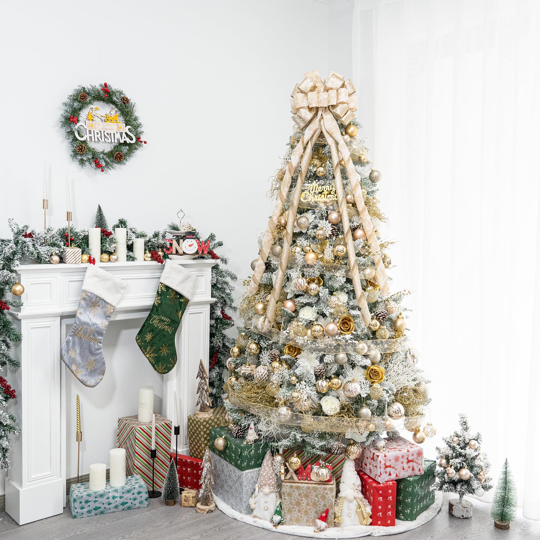 Hismir Lazo Grande de Navidad con Serpentina de Purpurina y Cinta Estampada, Lazos Decorativos para árbol de Navidad, Corona, Puerta, Festival, decoración del hogar (Copo de Nieve Dorado)