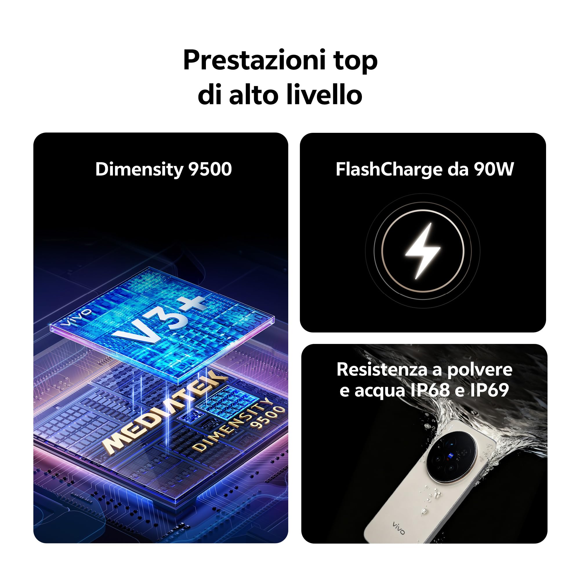 vivo X300Pro 5G, Cameraphone con Teleobiettivo APO ZEISS 200MP, 16+16GB RAM，512GB ROM, schermo piatto da 6,78 pollici,90W Fast charge,Dimensity 9500, IP68 e IP69, Android 16
