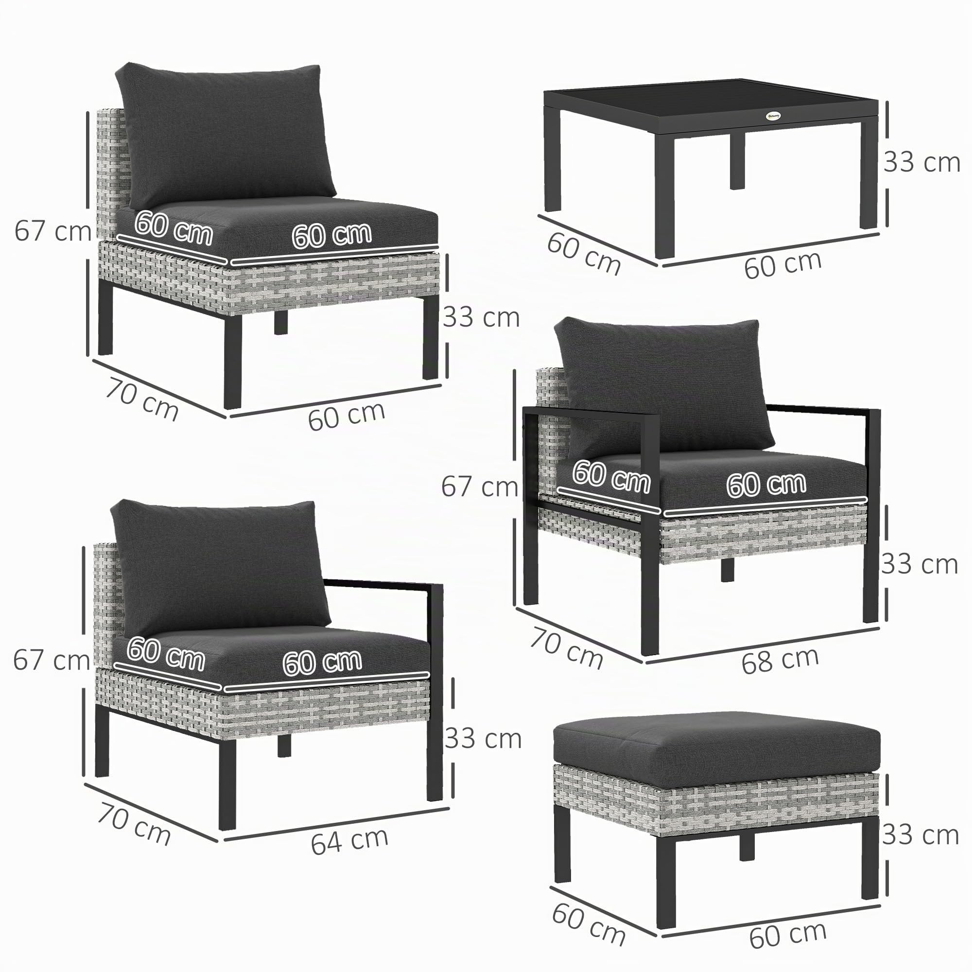 Outsunny Salon de Jardin Extérieur 5 Personnes Charge 120 kg Gris Clair | Salon de Balcon en Résine Tressée, Fauteuils, Pouf, Table Basse, Coussins Déhoussables Inclus