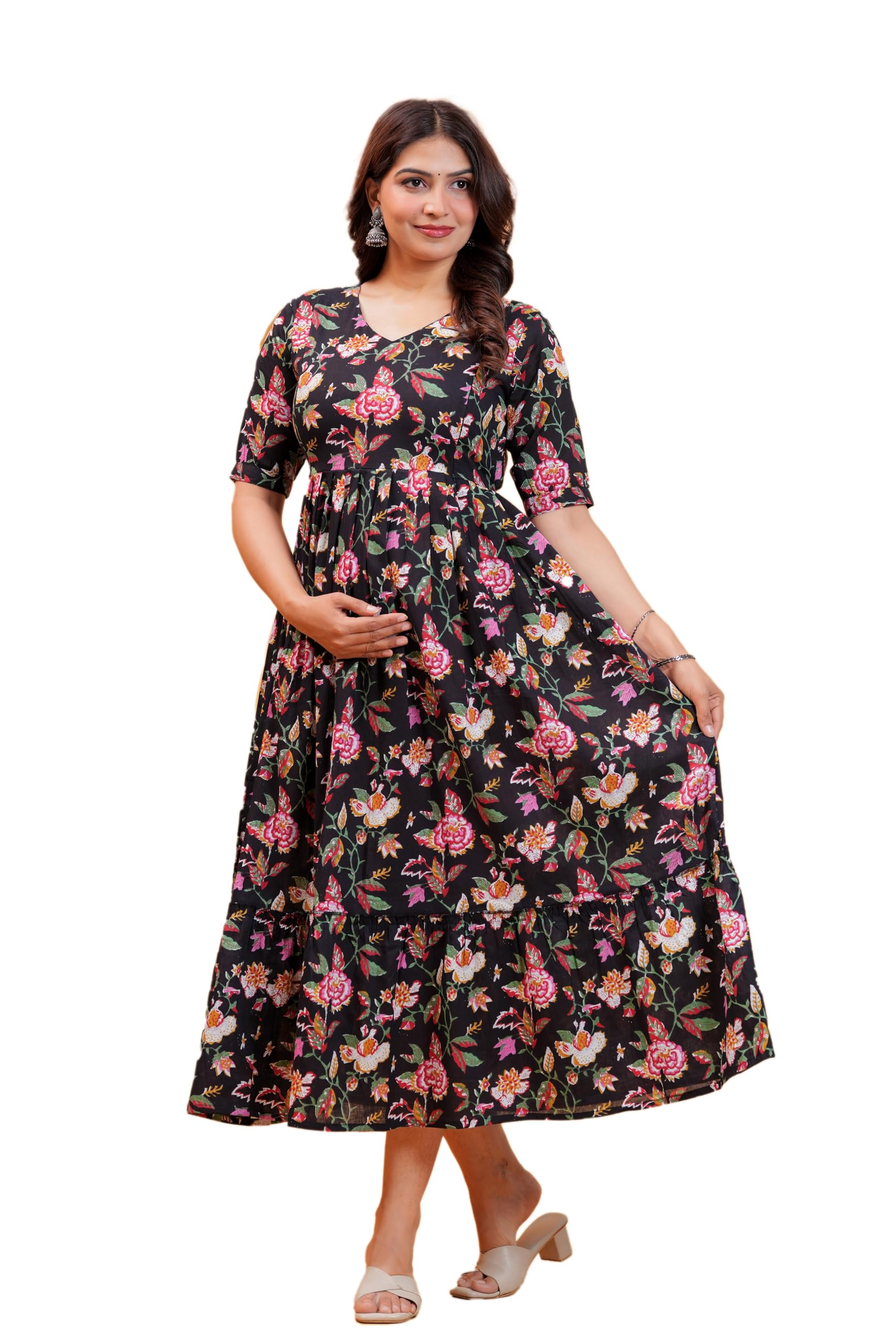 Women's Floral Print Maternity Midi Dress-image-47