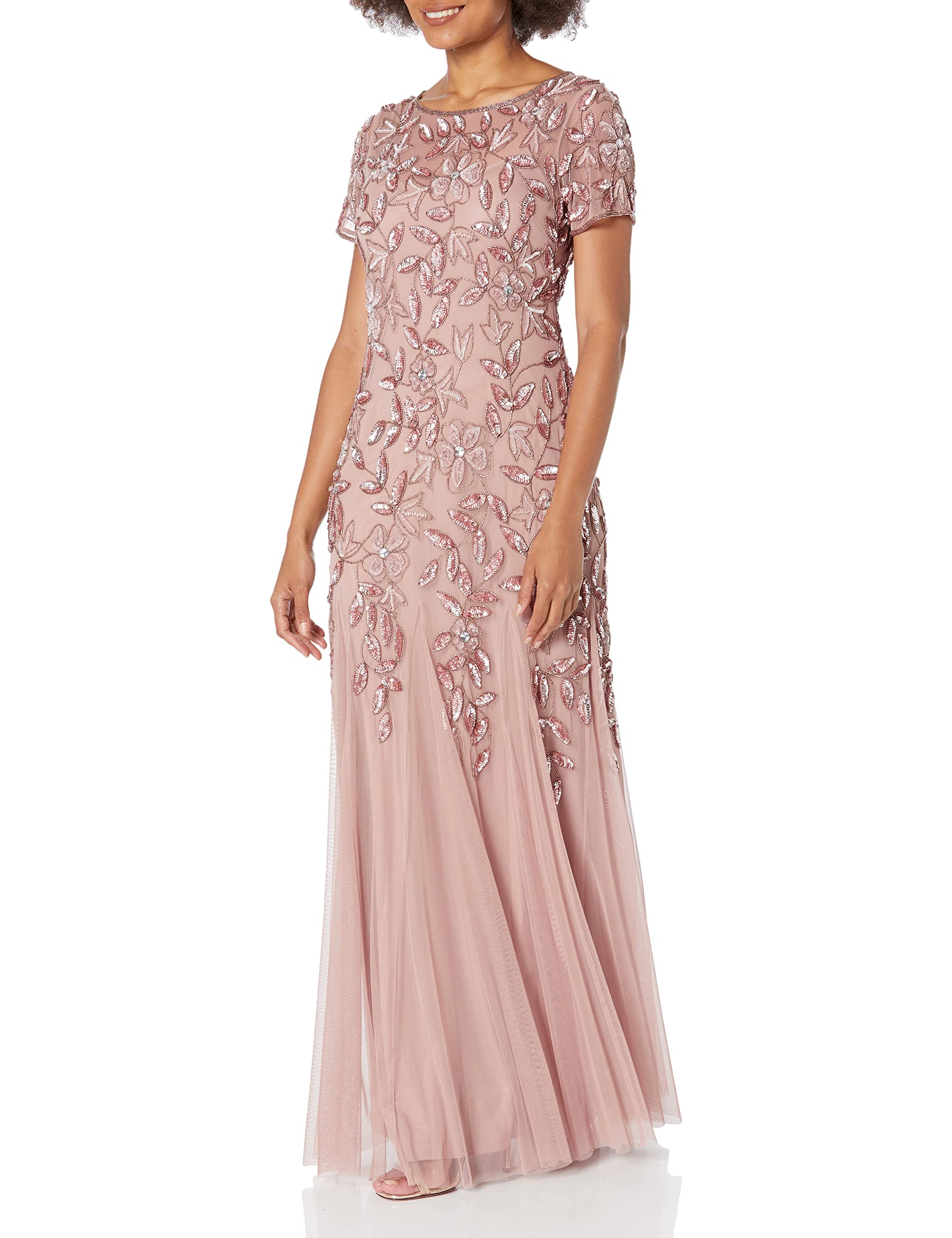 Adrianna Papell Womens Floral Beaded Godet Gown