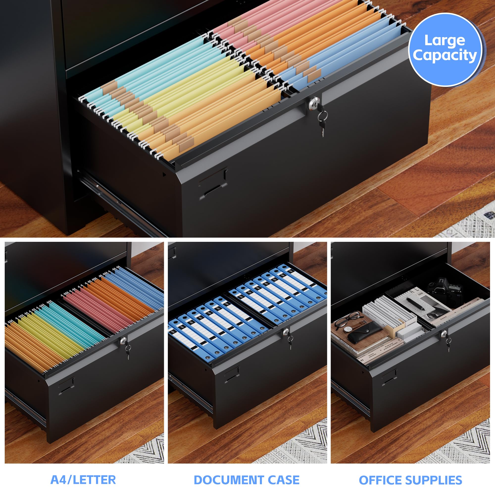 SUXXAN 4 Drawer File Cabinet, Lateral Filing Cabinet with 4 Locks for Home Office, Black File Cabinets with Business Card Holder for Letter/Legal/F4/A4 Hanging Files