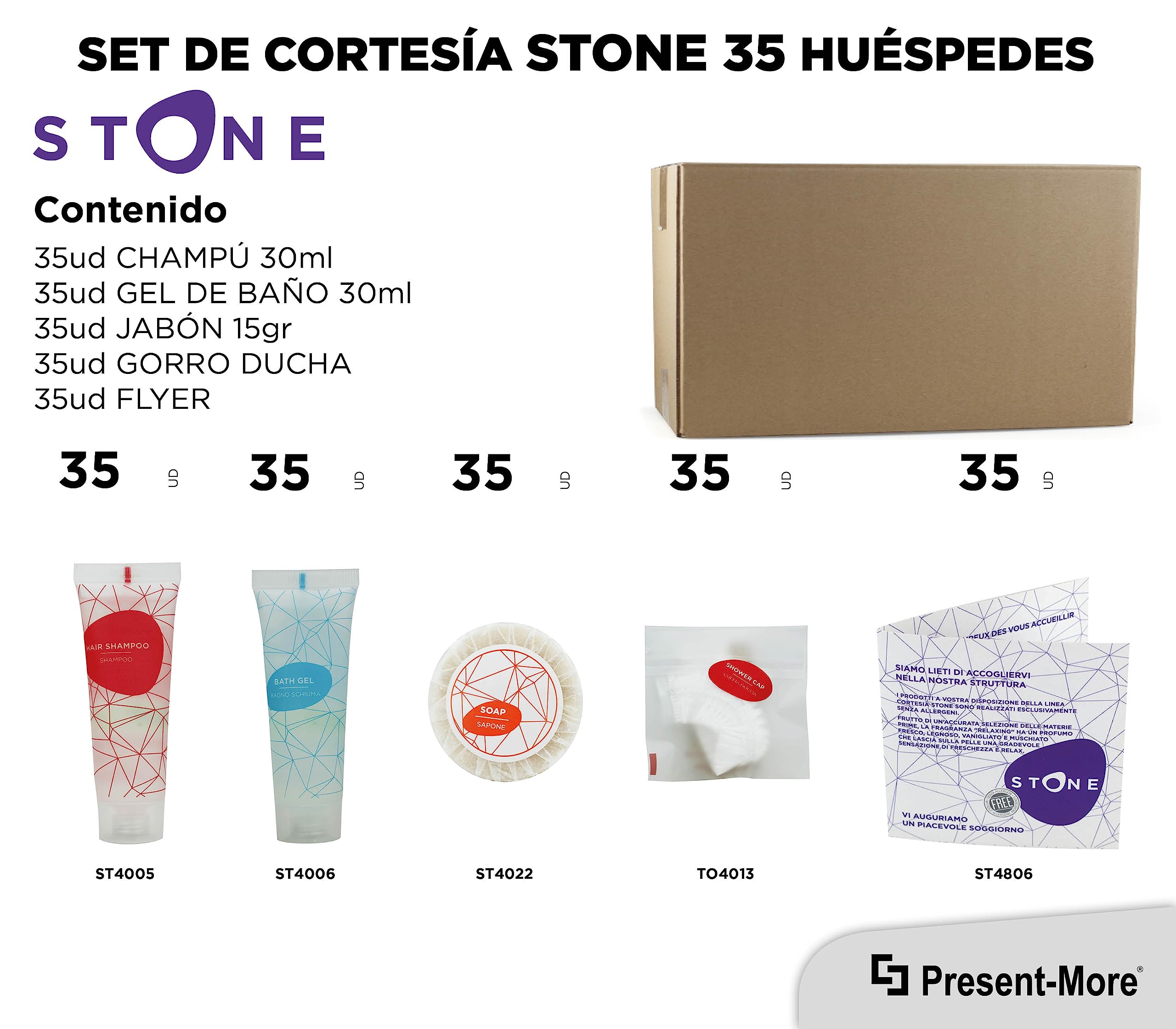 Present-More Amenities baño Stone - Prestige Kit Línea de cortesía 35 huéspedes de Hoteles y B&B | Amenities baño sin alérgenos con fragancia Relaxing