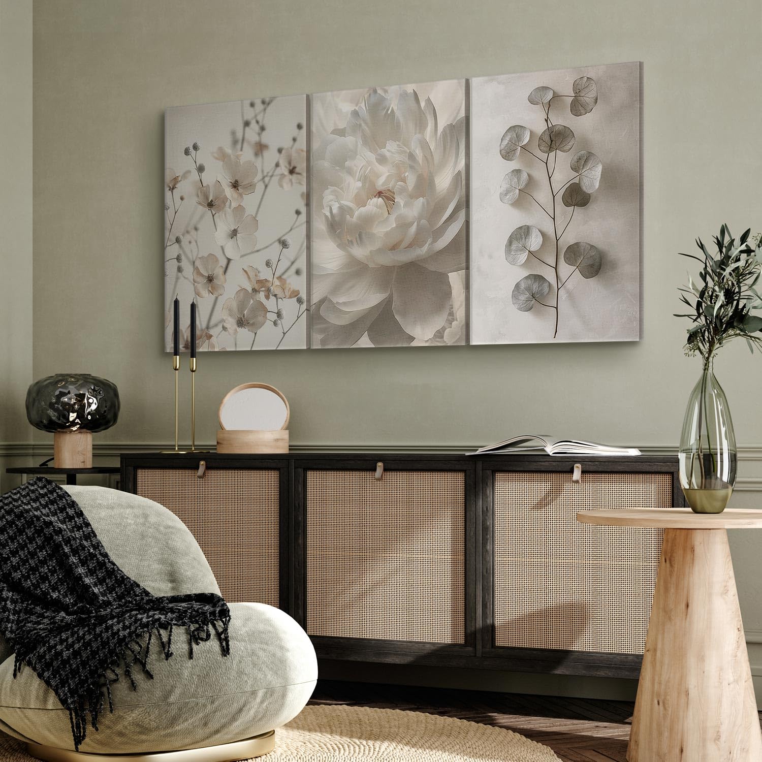 murando - Set De 3 Cuadros Collage Peonía blanca 120x60 cm 3 Piezas | 40x60 cm Cada - Conjunto De 3 - Cuadro Para Pared Bodegón Pintura Lienzo Habitacion Matrimonio