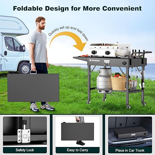 Miniatura 6 de Mesa de parrilla para exteriores, soporte de parrilla Blackstone, carrito plegable de 440 libras, soporte de mesa para horno de pizza para Onni,