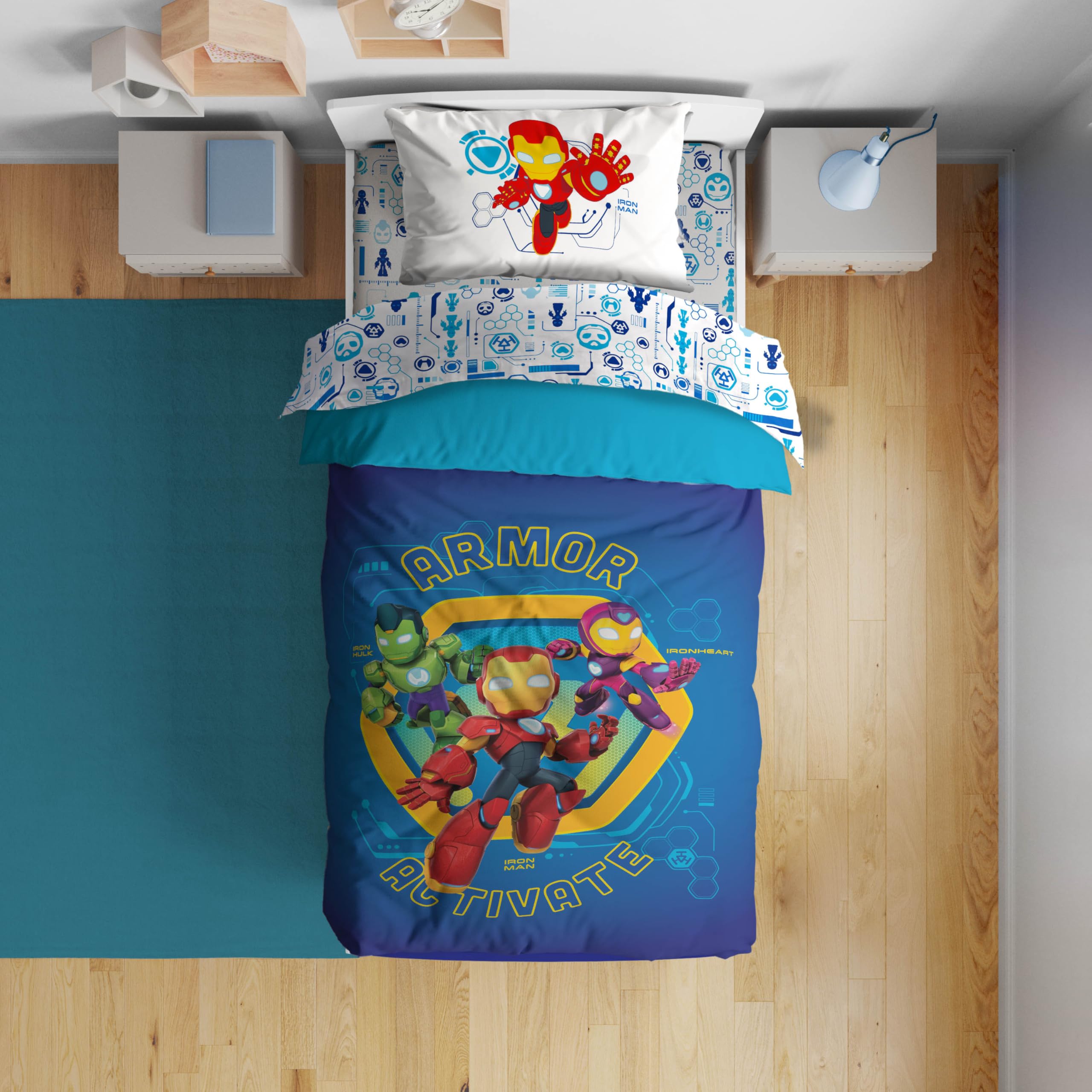 Sunny Side Up Kids Comforter Set Includes Sheets and Pillow Covers - Soft and Cozy Bed Set for Stylish Room Decor, Blue - Iron Man and His Awesome Friends, 4 Piece Toddler Bed Frame Size Bedding