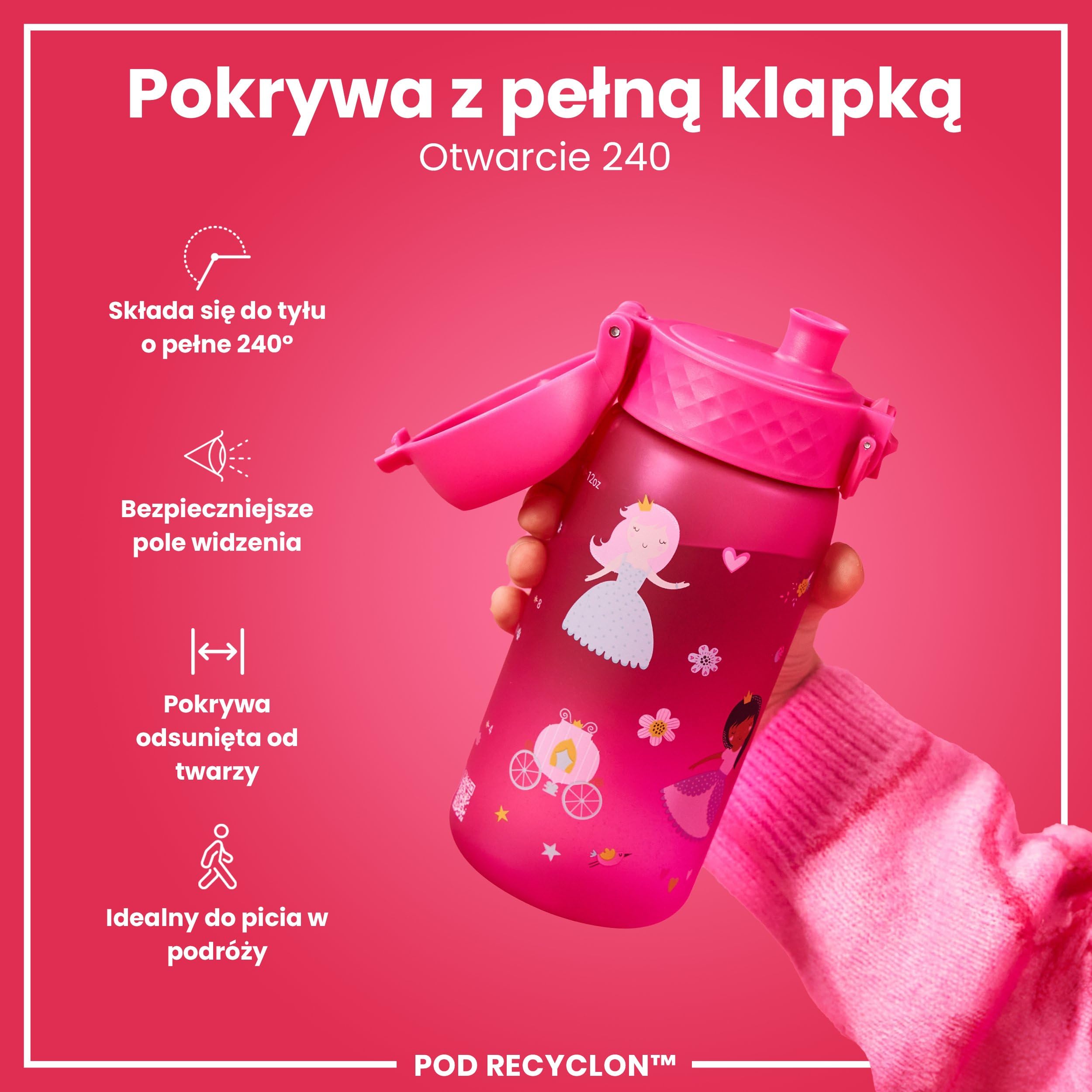 ION8 Butelka dla Dzieci, 350 ml/12 oz, Szczelna, Łatwa do Otwarcia, Bezpieczny Zamek, Można Myć w Zmywarce, Bez BPA, Uchwyt do Przenoszenia, Łatwa do Czyszczenia, Bezwonny, Księżniczka